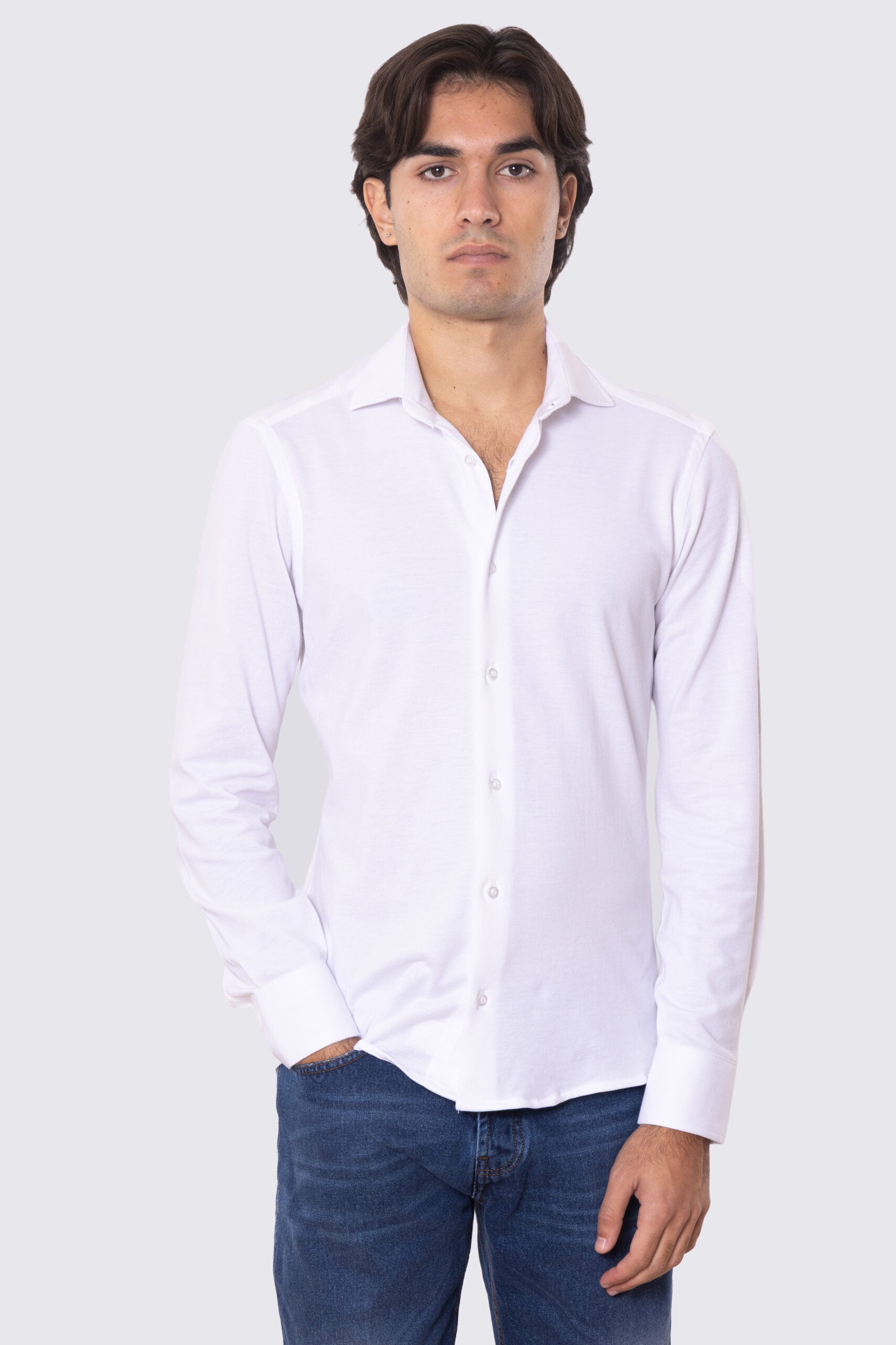 Camicia Uomo Bianca in piquet slim fit cotone 100% Collo semi francese tinta unita sartoriale