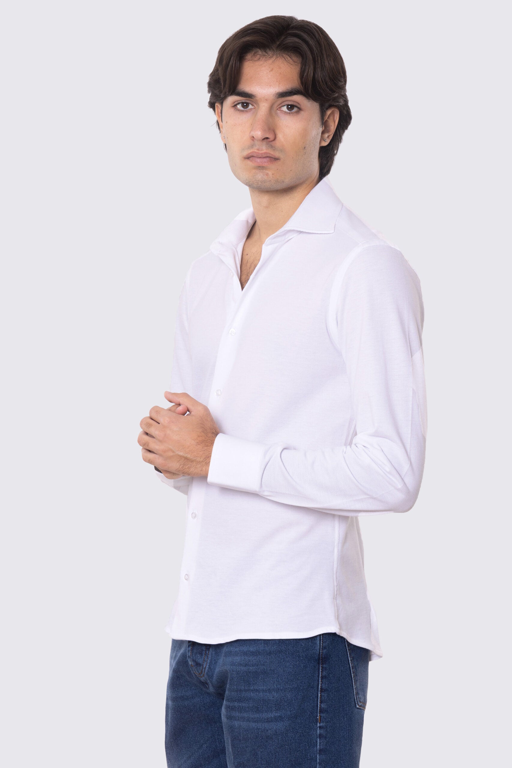 Camicia Uomo Bianca in piquet slim fit cotone 100% Collo semi francese tinta unita sartoriale