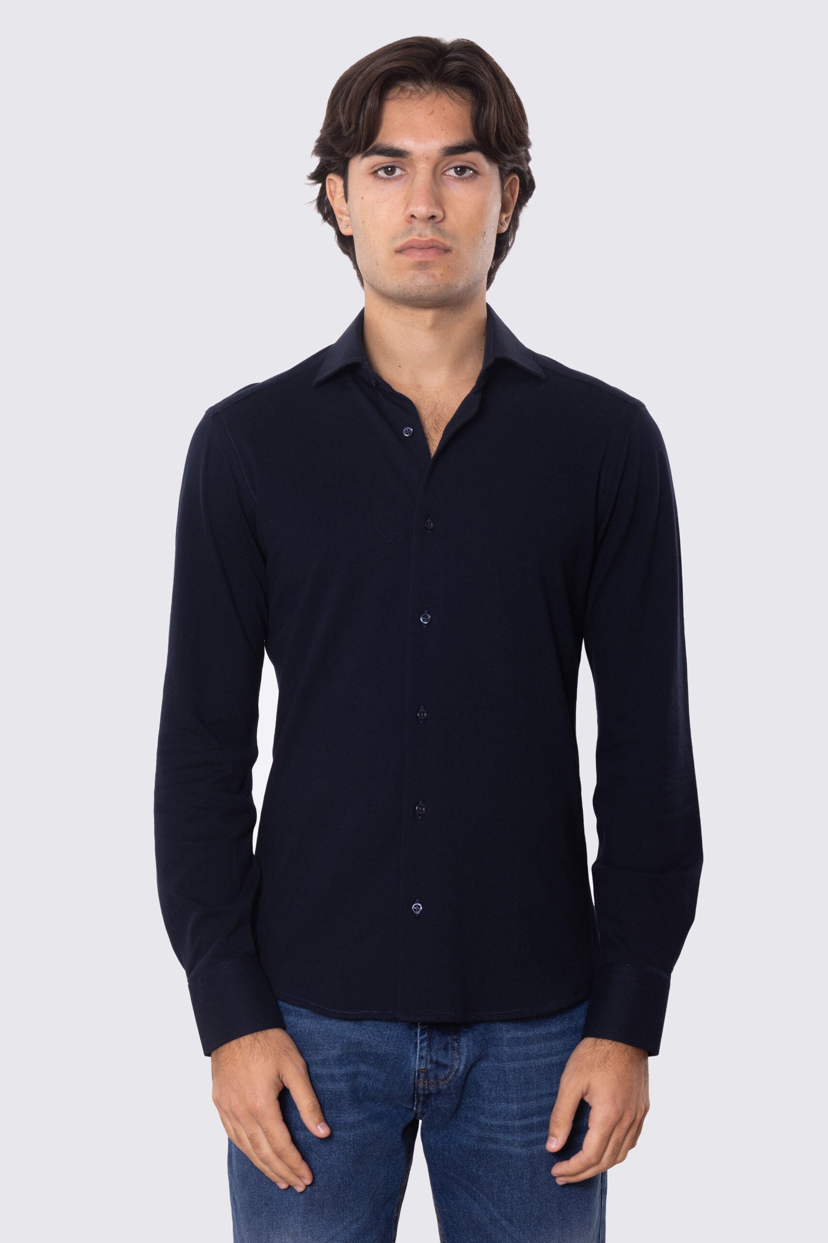 Camicia Uomo Blu in piquet slim fit cotone 100% Collo semi francese tinta unita sartoriale