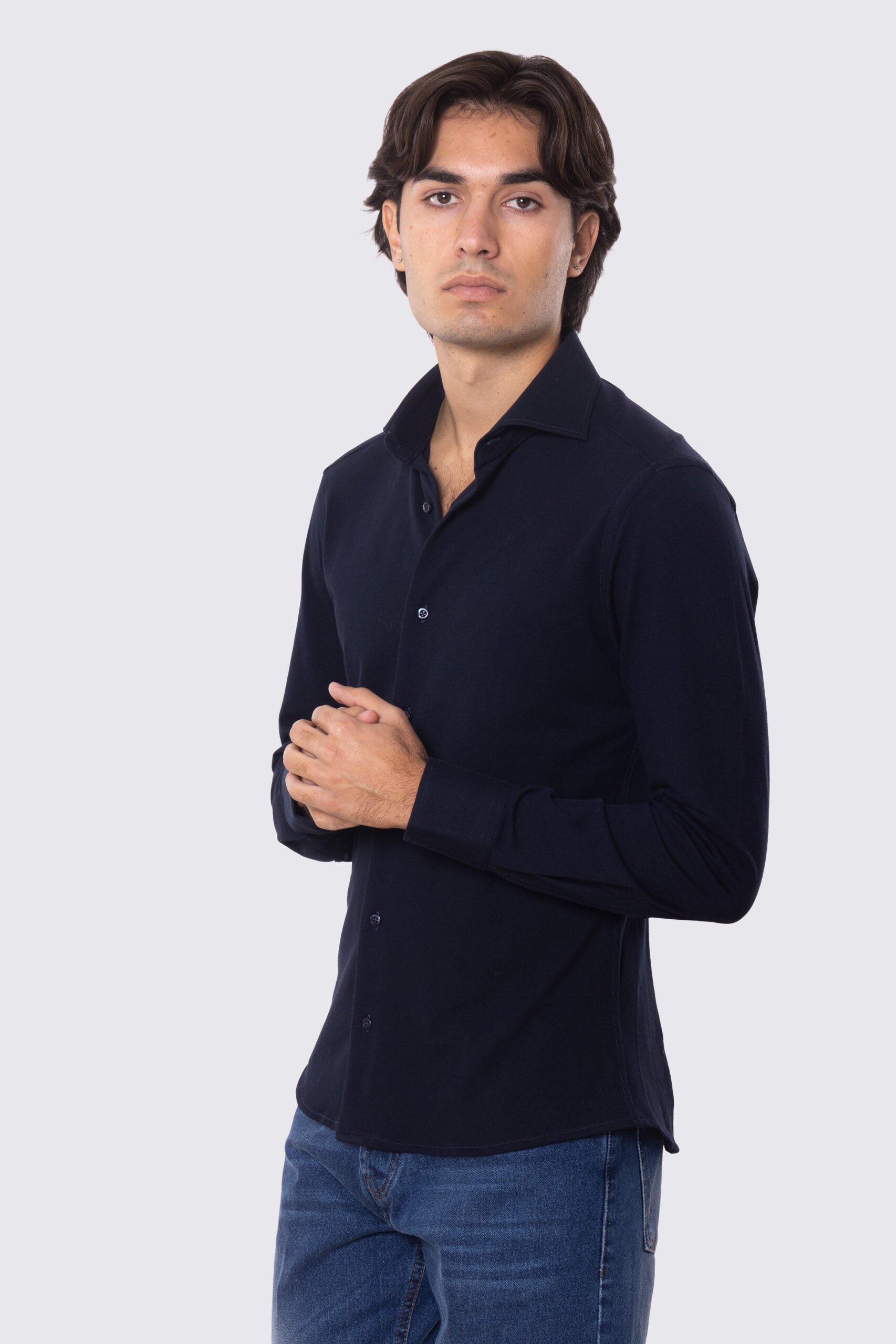 Camicia Uomo Blu in piquet slim fit cotone 100% Collo semi francese tinta unita sartoriale