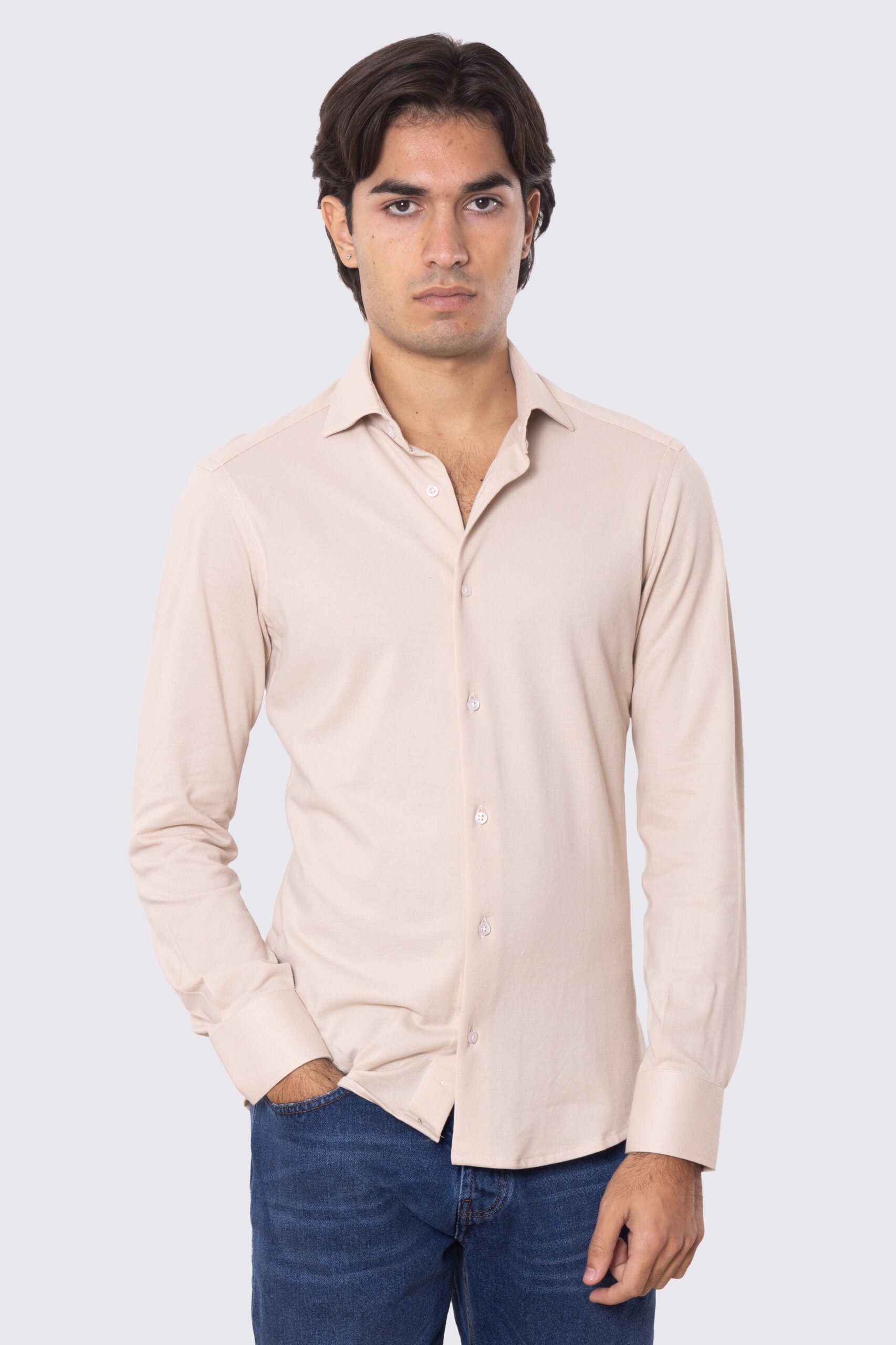 Camicia Uomo beige in piquet slim fit cotone 100% Collo semi francese tinta unita sartoriale