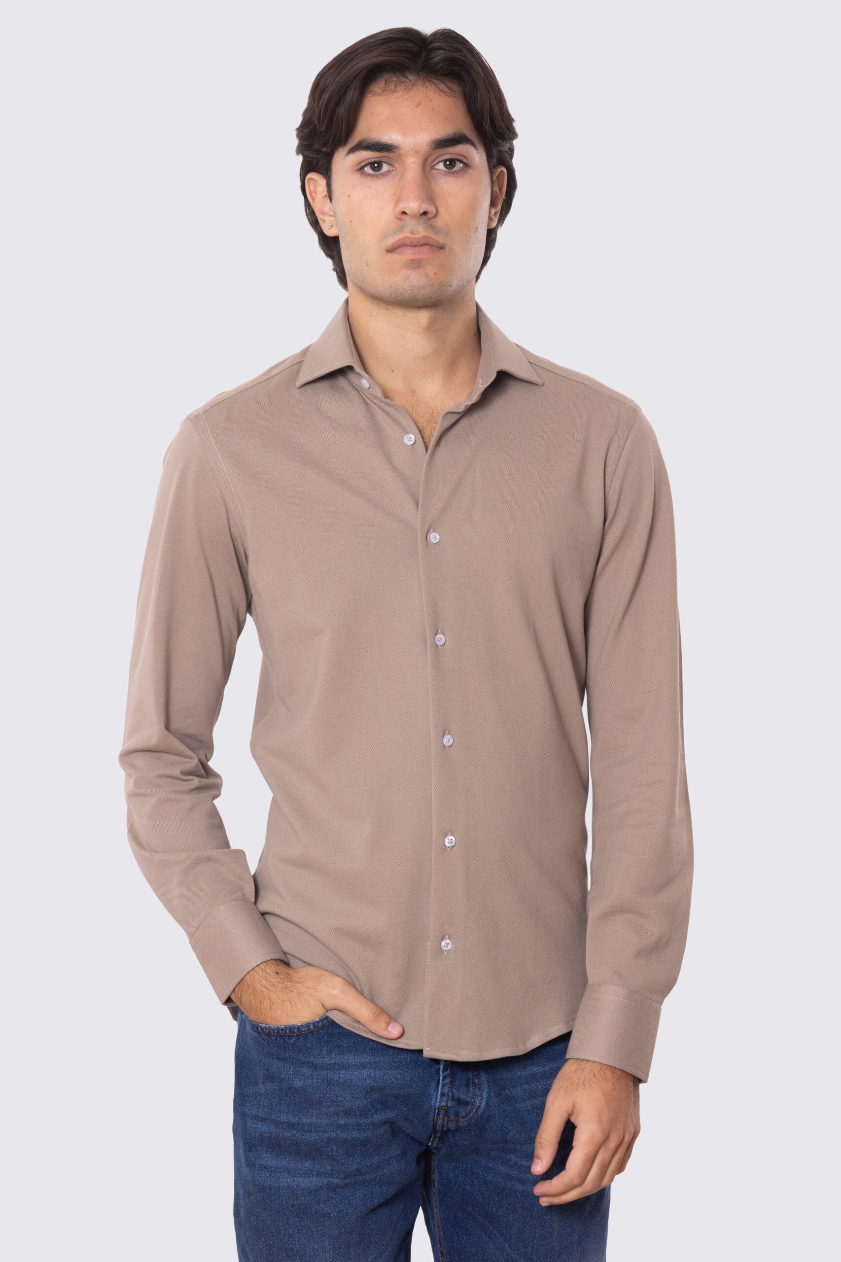 Camicia Uomo fango in piquet slim fit cotone 100% Collo semi francese tinta unita sartoriale