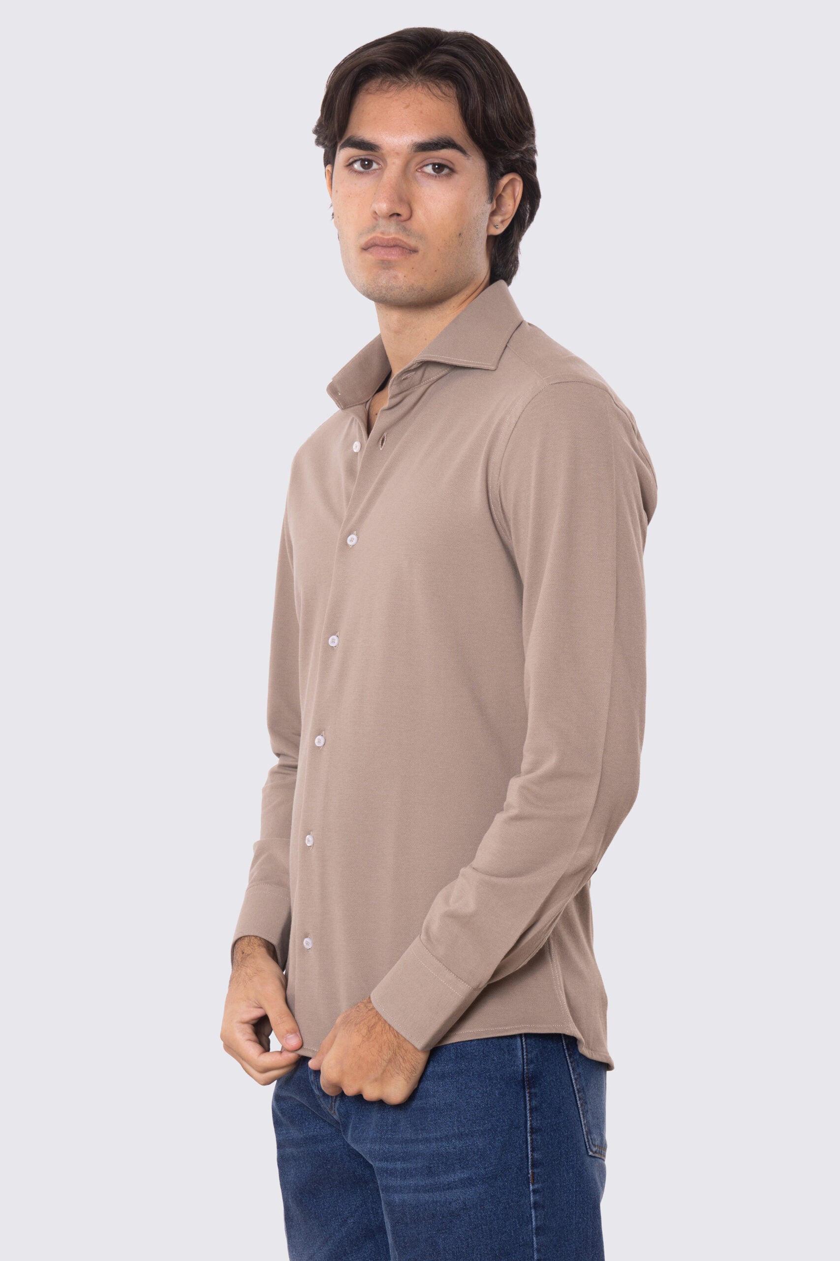 Camicia Uomo fango in piquet slim fit cotone 100% Collo semi francese tinta unita sartoriale