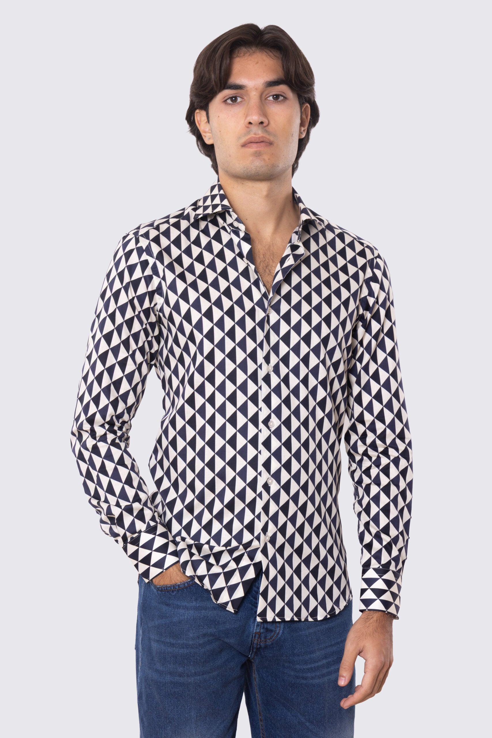 Camicia Uomo blu fantasia rombi multicolor slim fit in cotone 100% Collo semi francese sartoriale
