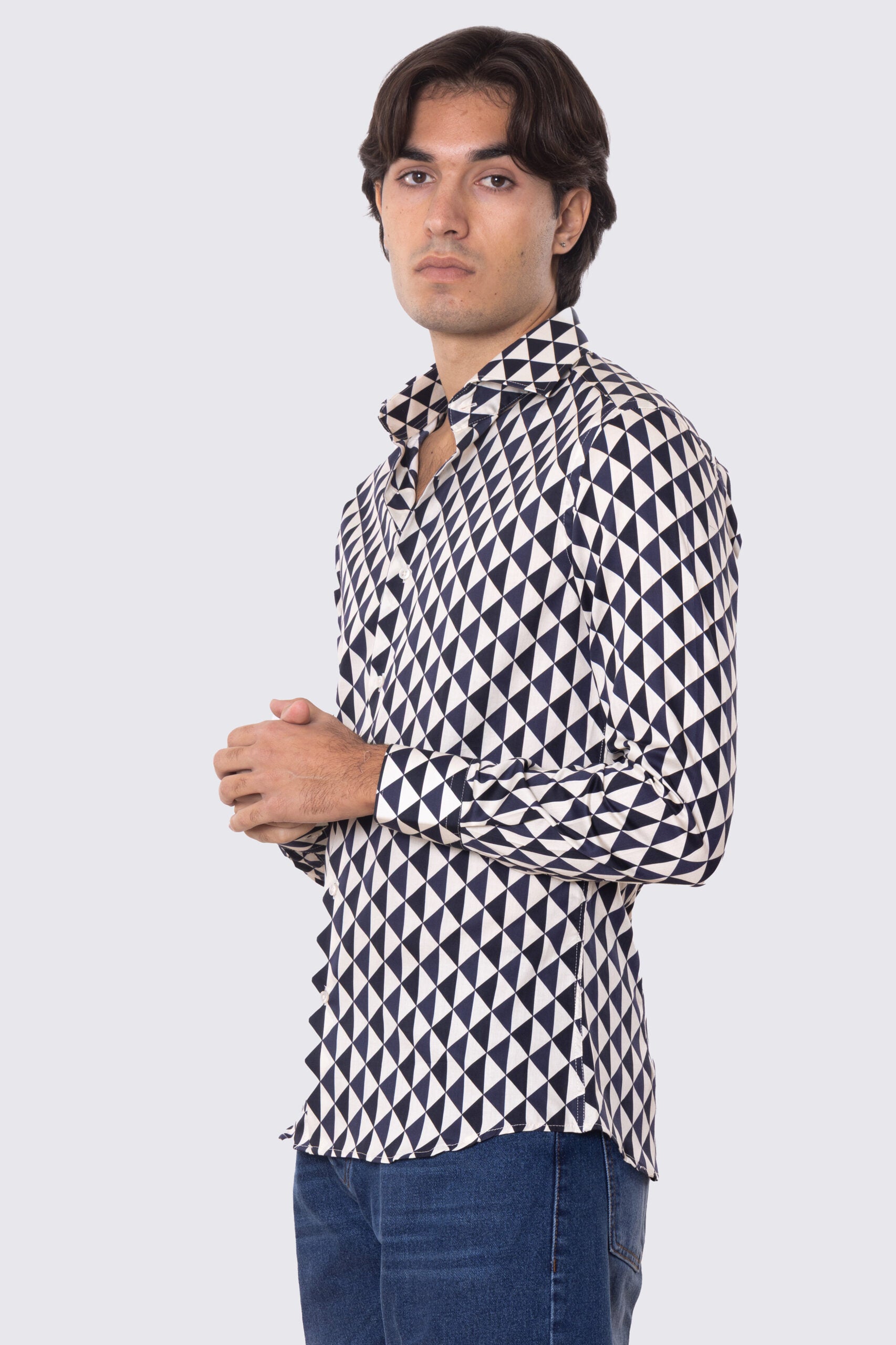 Camicia Uomo blu fantasia rombi multicolor slim fit in cotone 100% Collo semi francese sartoriale