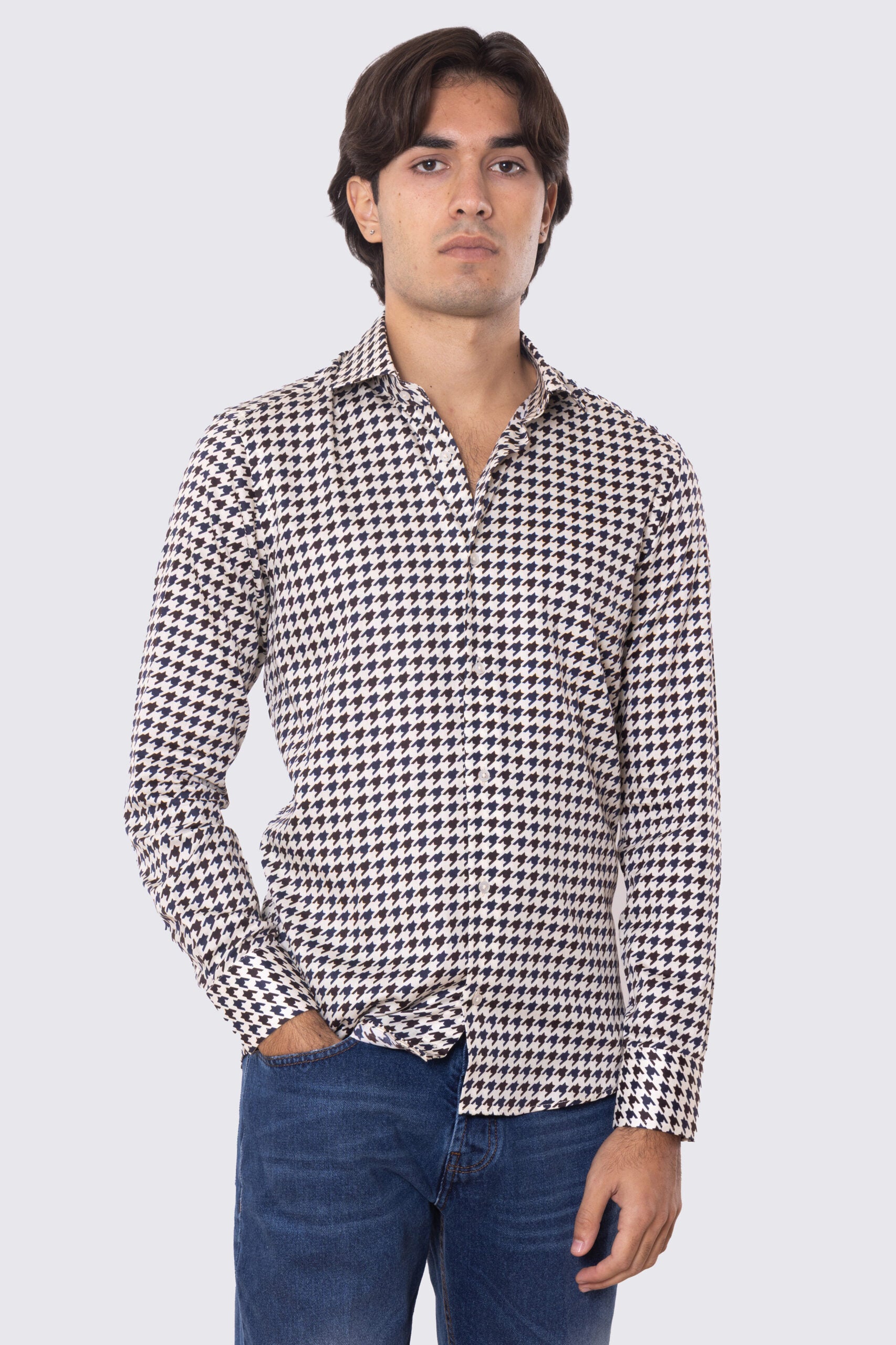 Camicia Uomo blu fantasia pied de polule grandi multicolor slim fit in cotone 100% Collo semi francese sartoriale
