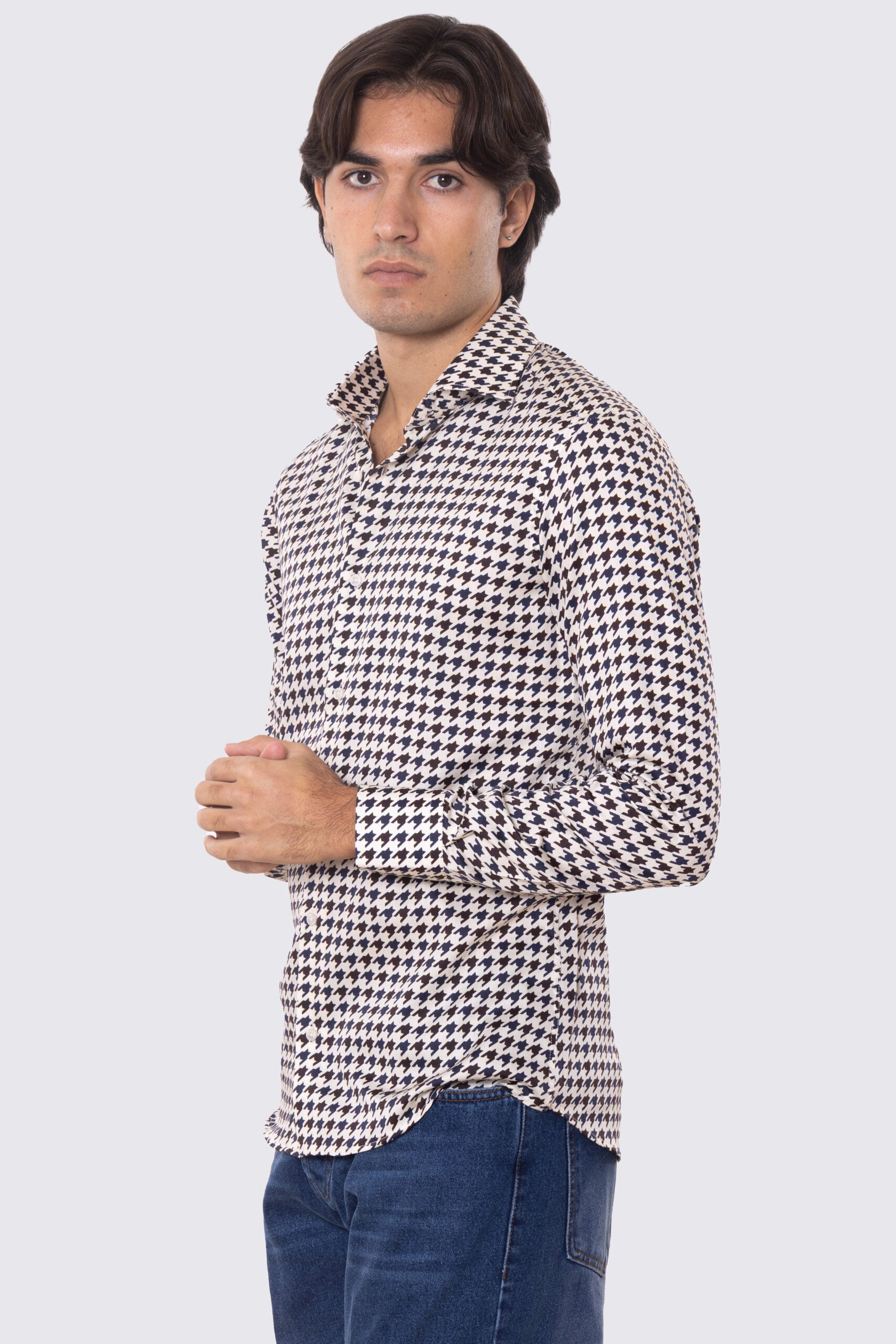 Camicia Uomo blu fantasia pied de polule grandi multicolor slim fit in cotone 100% Collo semi francese sartoriale