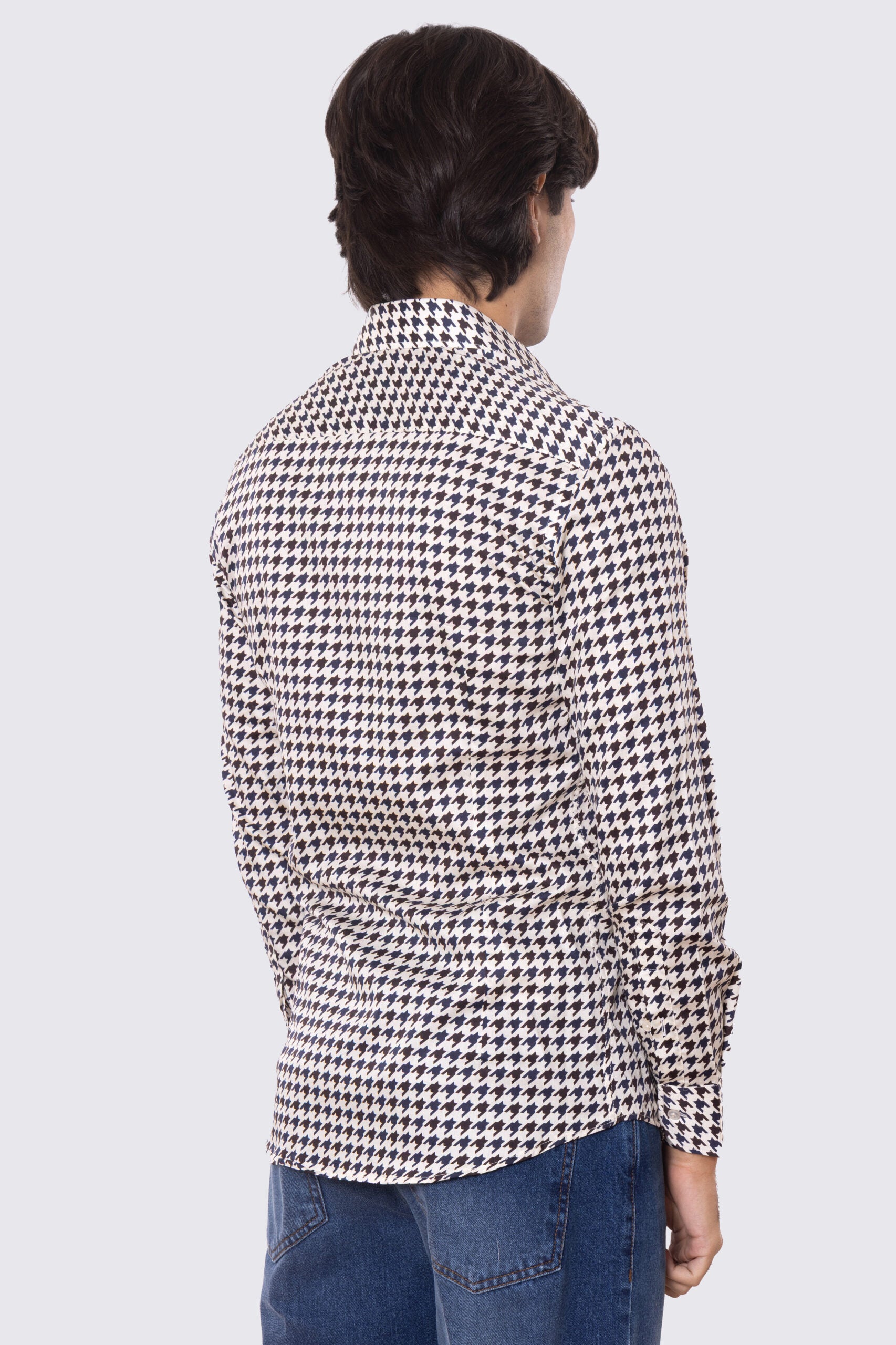 Camicia Uomo blu fantasia pied de polule grandi multicolor slim fit in cotone 100% Collo semi francese sartoriale