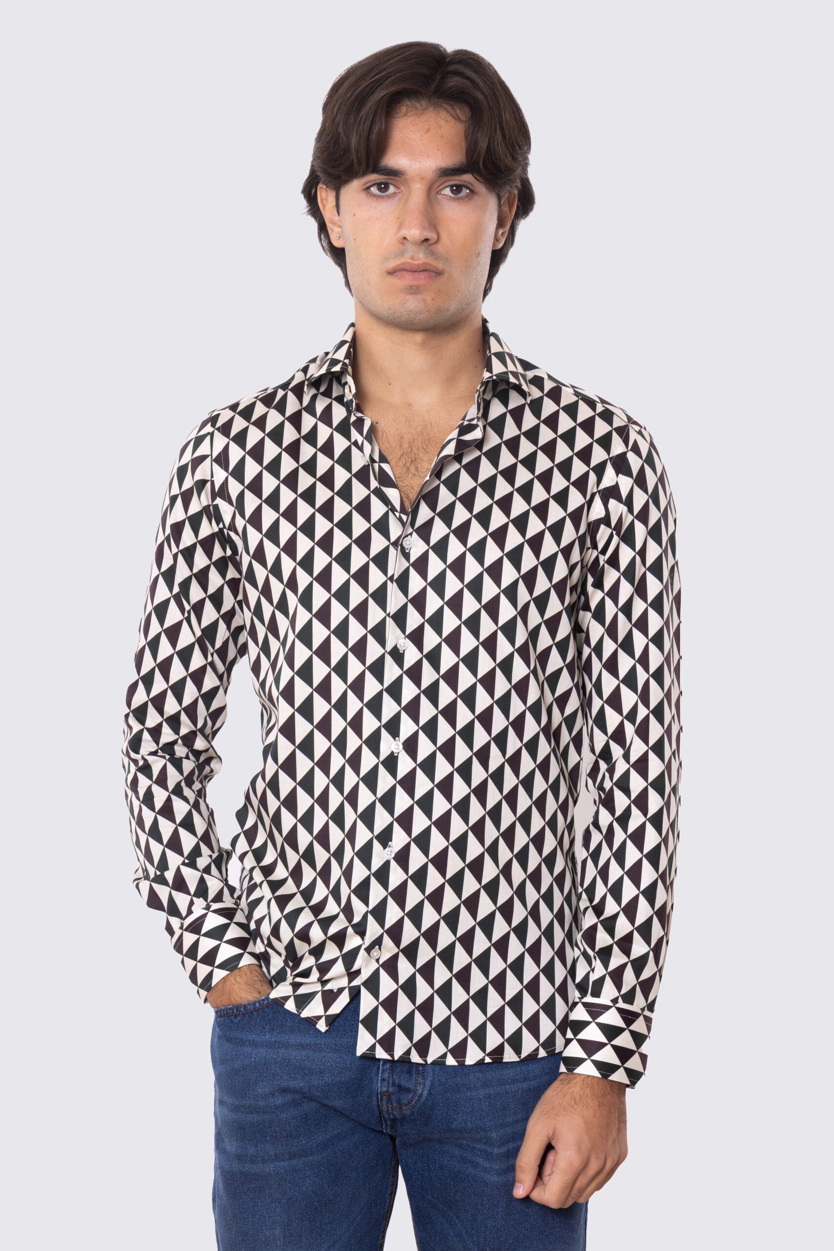Camicia Uomo verde fantasia rombi multicolor slim fit in cotone 100% Collo semi francese sartoriale