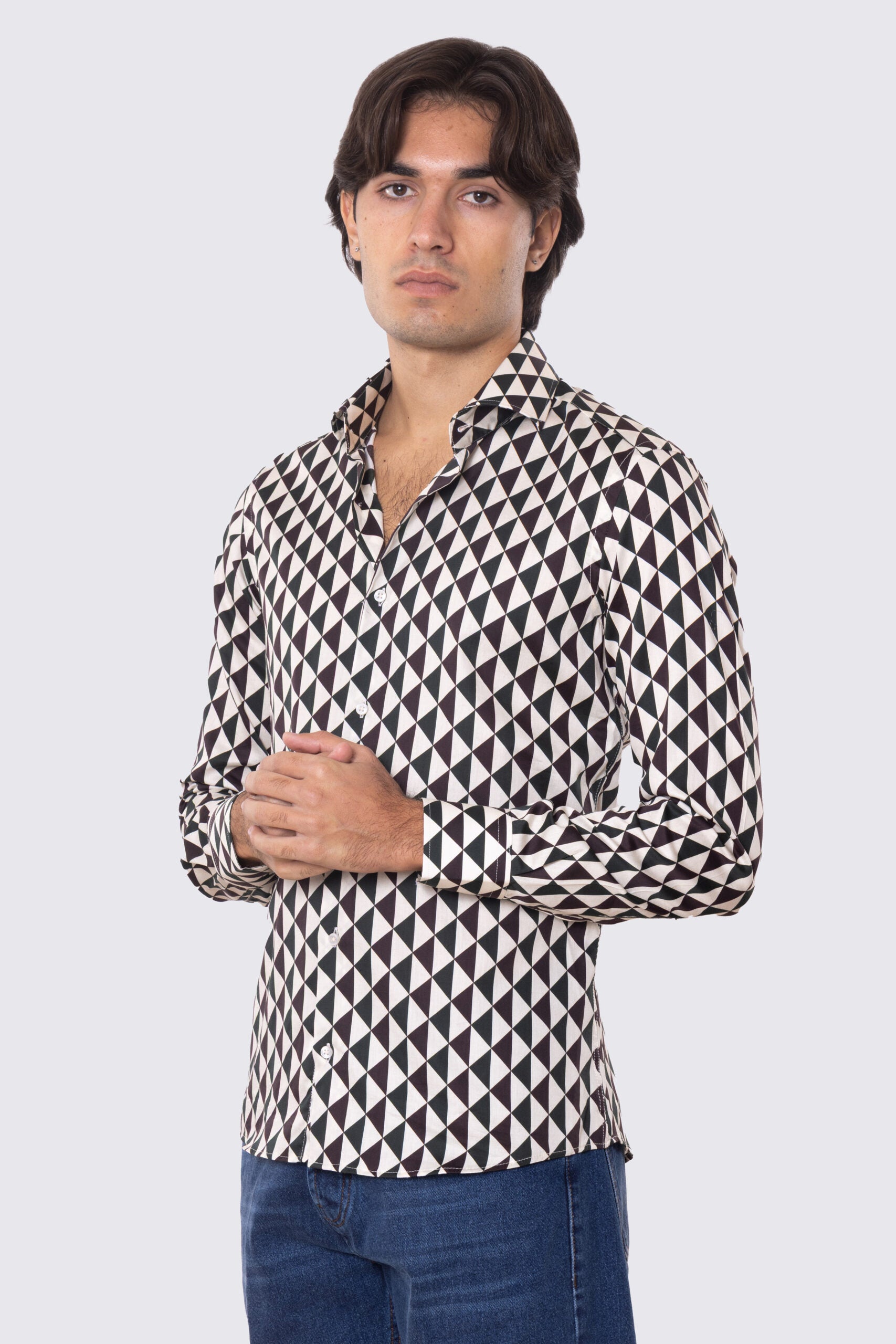 Camicia Uomo verde fantasia rombi multicolor slim fit in cotone 100% Collo semi francese sartoriale