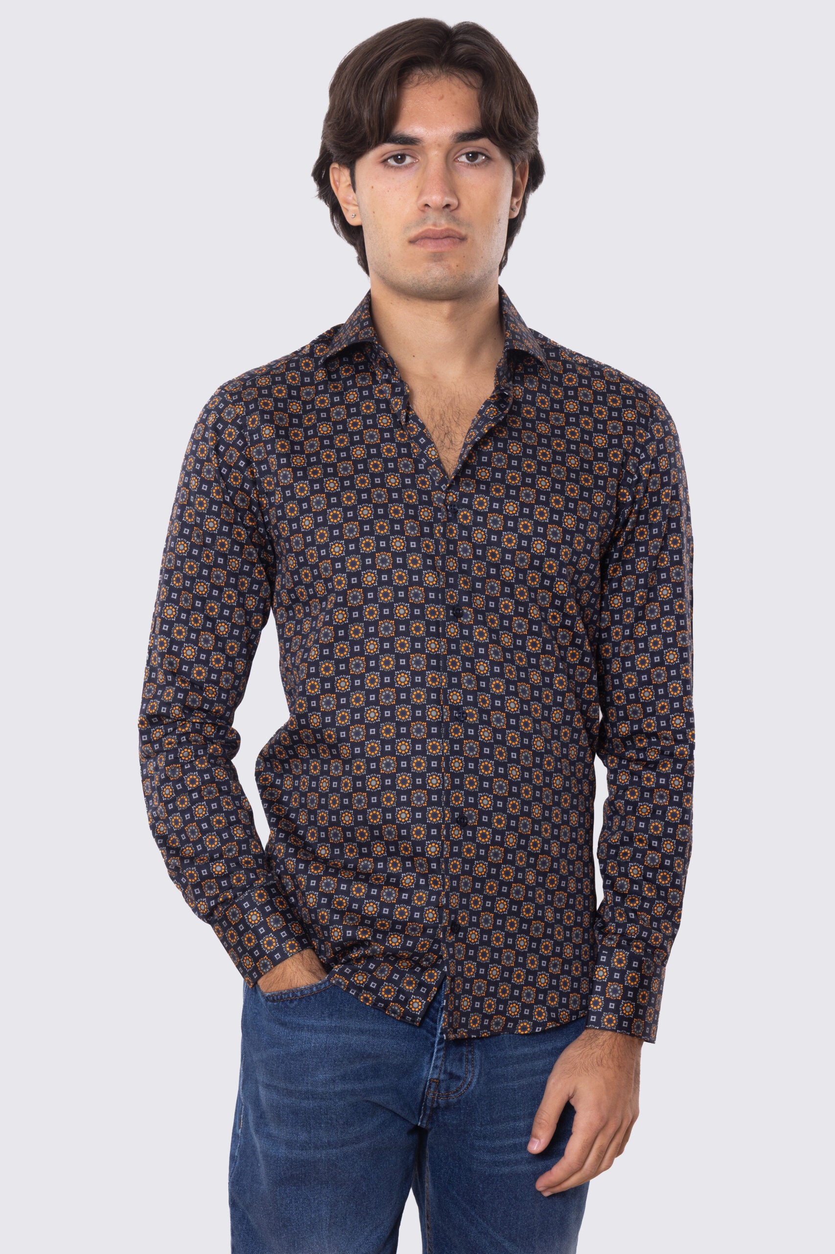 Camicia Uomo blu fantasia fiori slim fit in cotone 100% Collo semi francese sartoriale