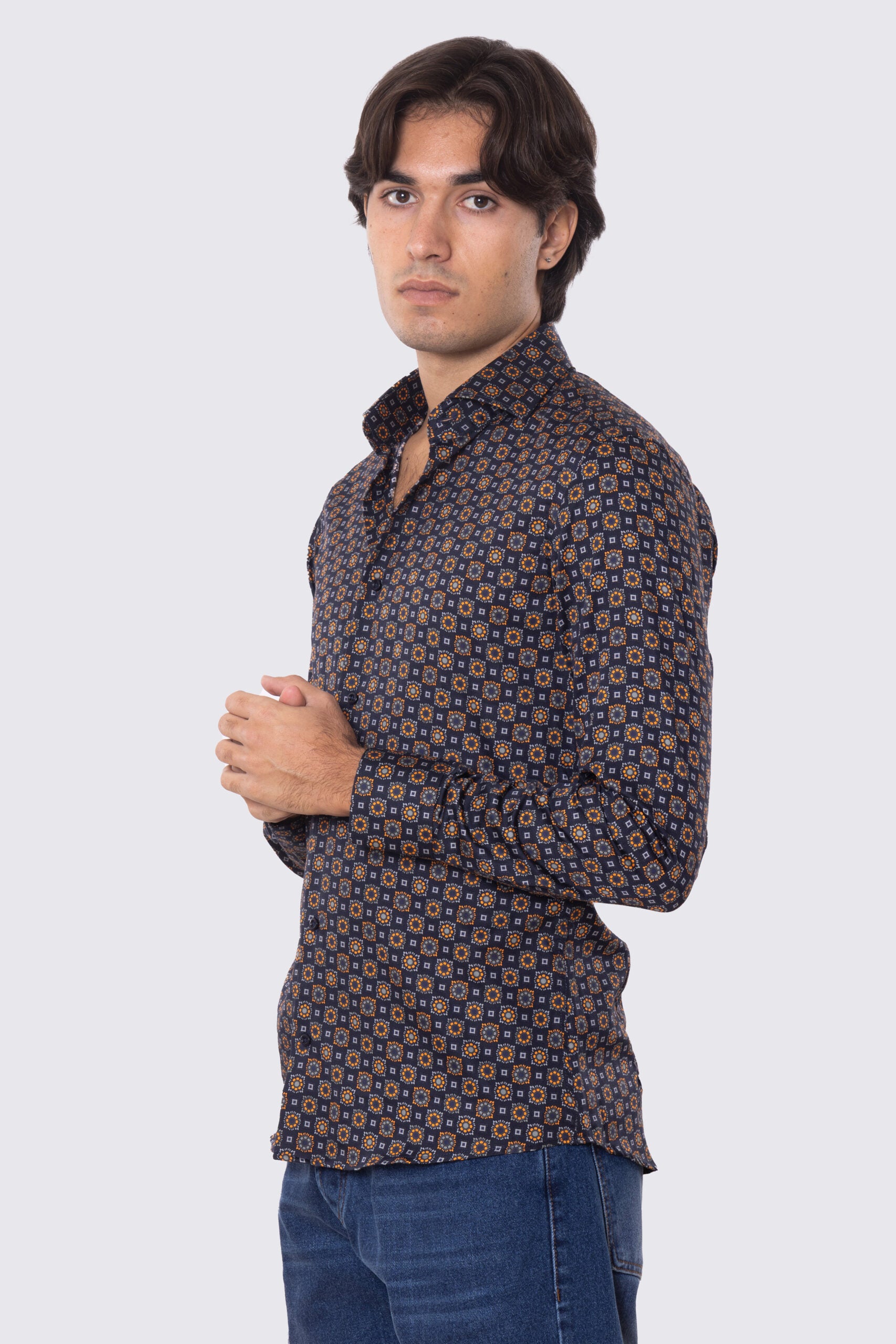 Camicia Uomo blu fantasia fiori slim fit in cotone 100% Collo semi francese sartoriale