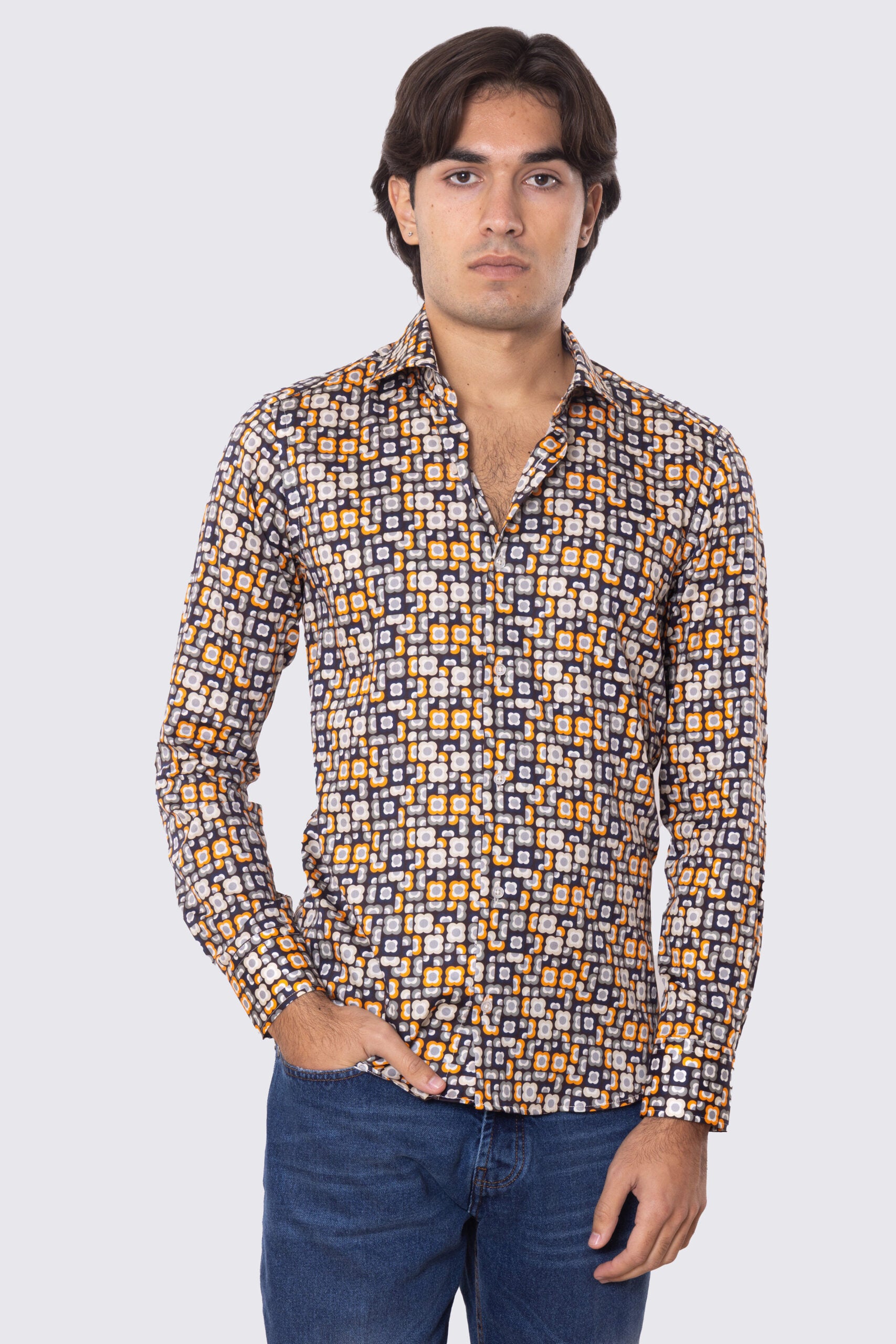 Camicia Uomo blu fantasia fiori slim fit in cotone 100% Collo semi francese sartoriale