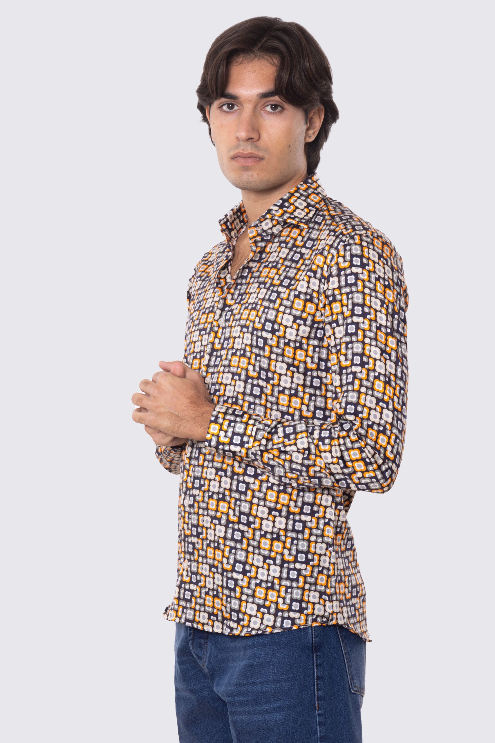 Camicia Uomo blu fantasia fiori slim fit in cotone 100% Collo semi francese sartoriale