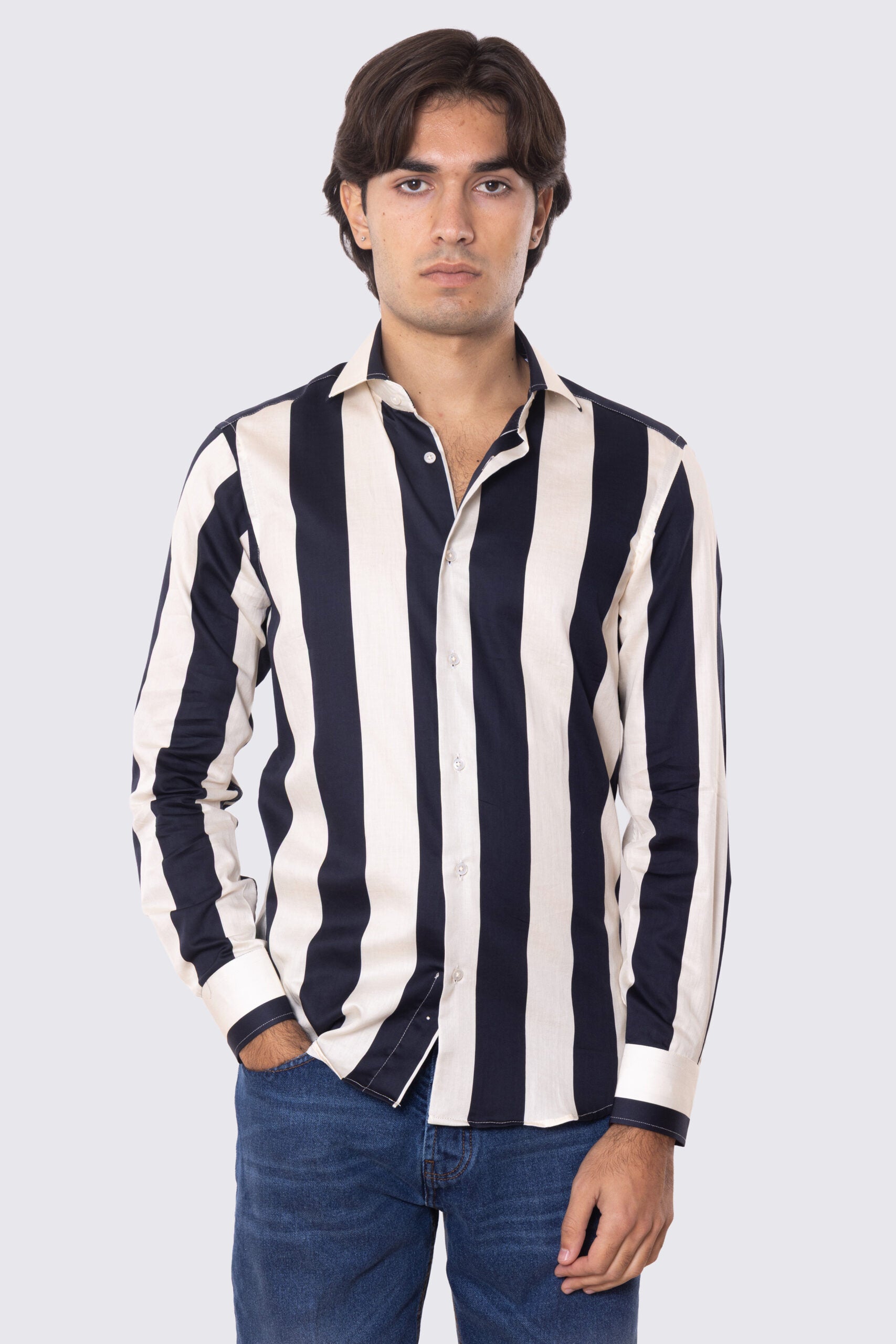 Camicia Uomo blu fantasia righe grandi blu e panna slim fit in cotone 100% Collo semi francese sartoriale