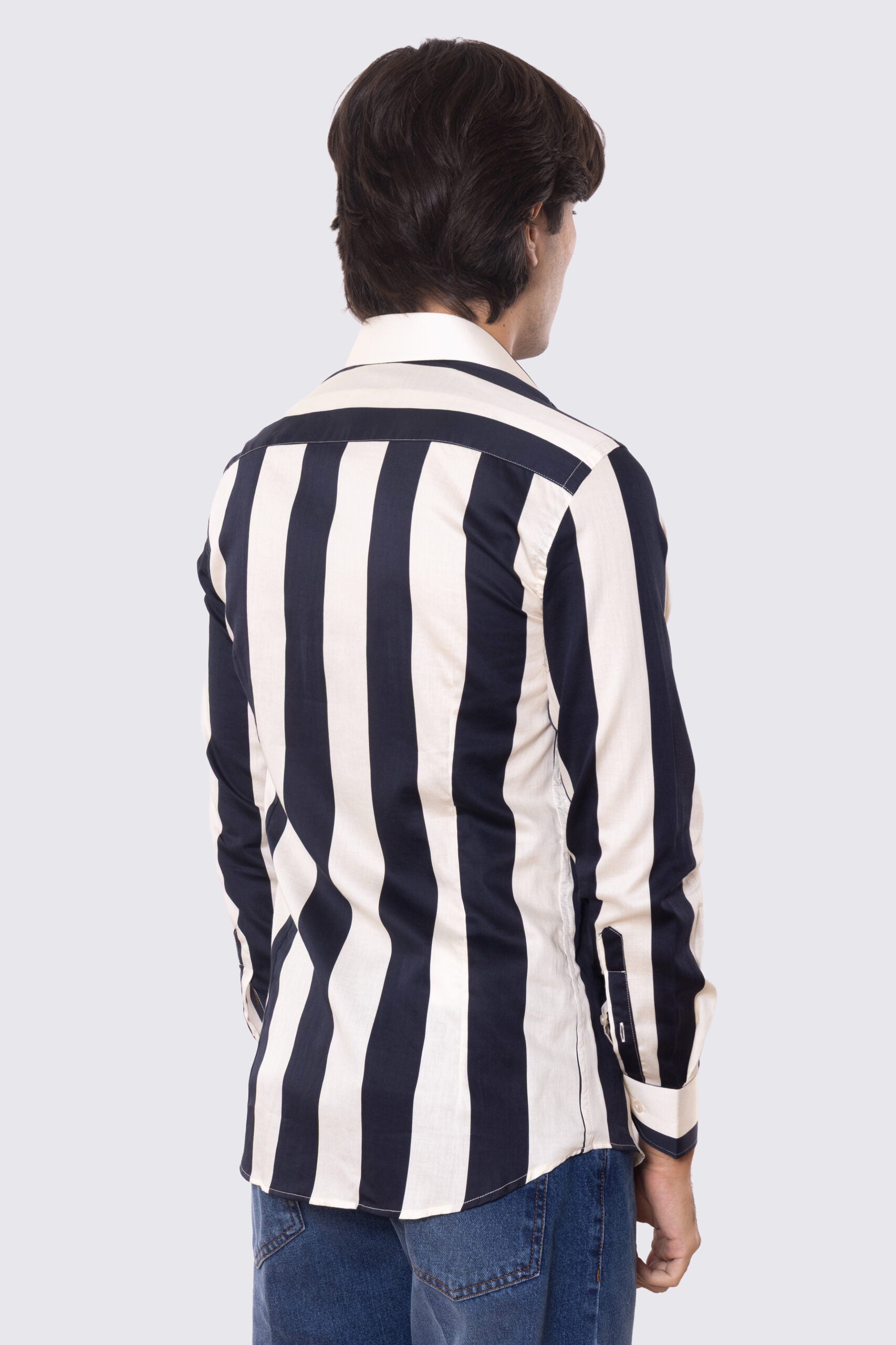 Camicia Uomo blu fantasia righe grandi blu e panna slim fit in cotone 100% Collo semi francese sartoriale