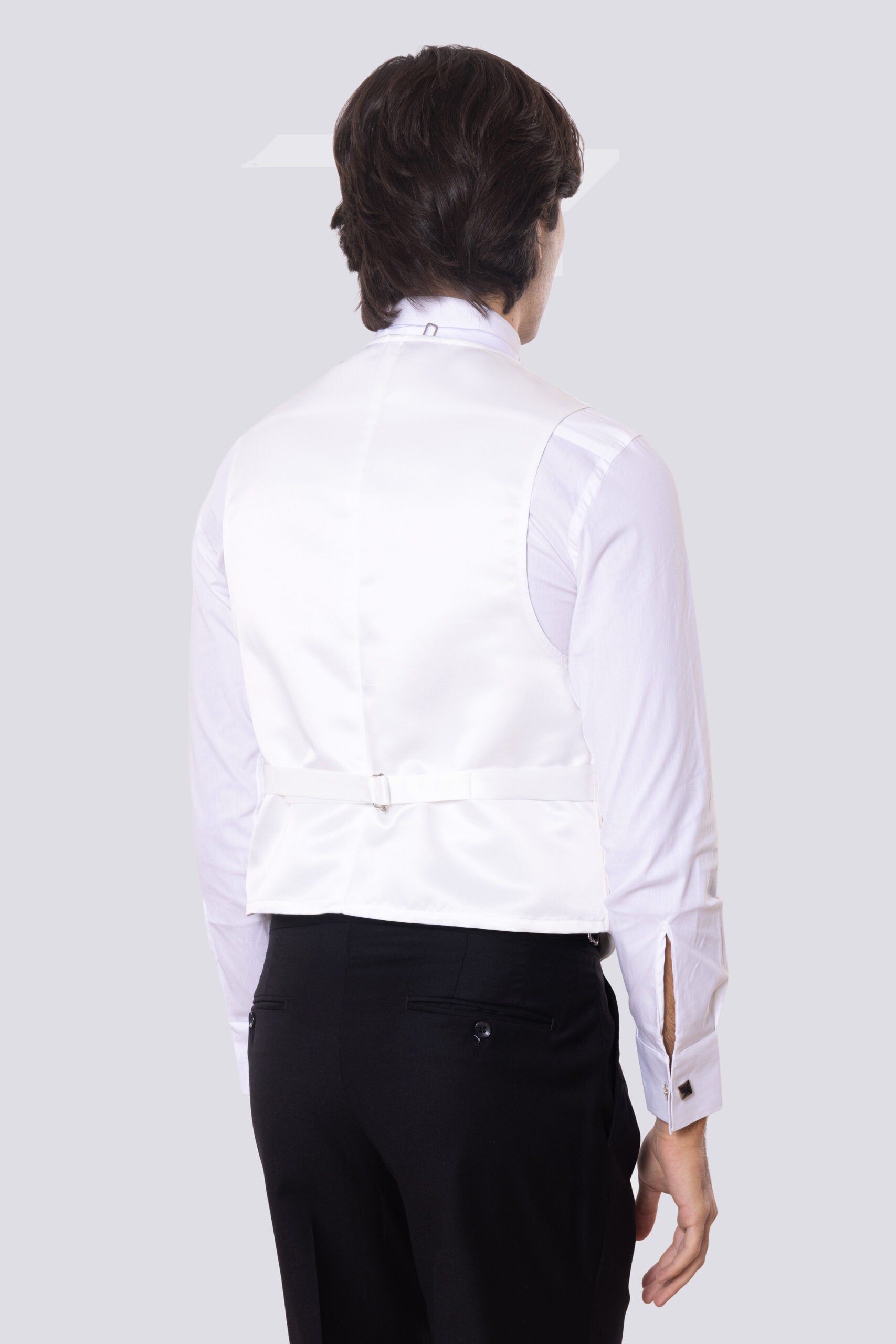 Gilet doppiopetto bianco in raso da uomo regular fit con tasche a filo e gancio di regolazione sul retro