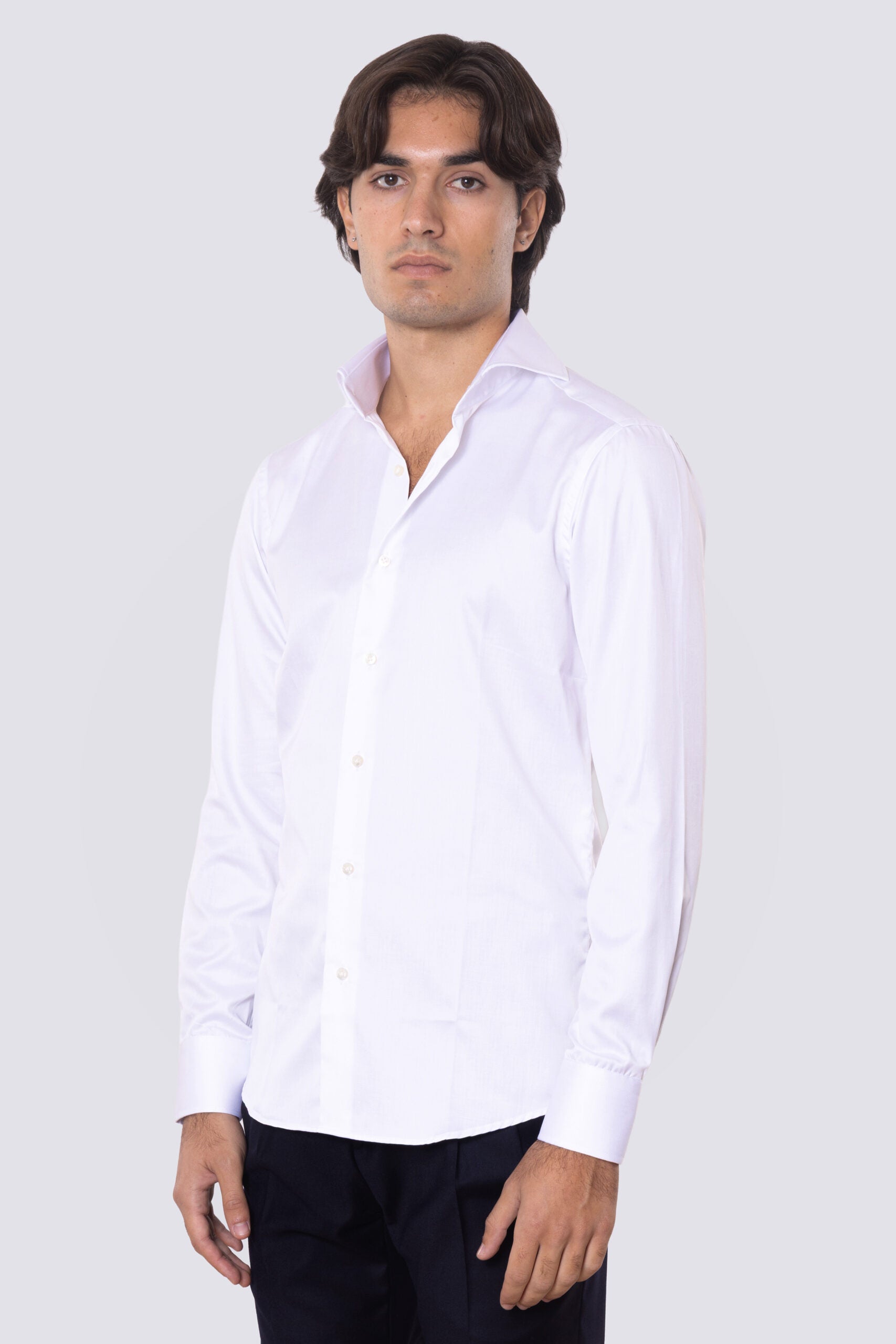 Camicia Uomo bianca 100% cotone collo italiano con cucitura all'inglese mileta Tessuti Fortuny slim Fit Tinta unita