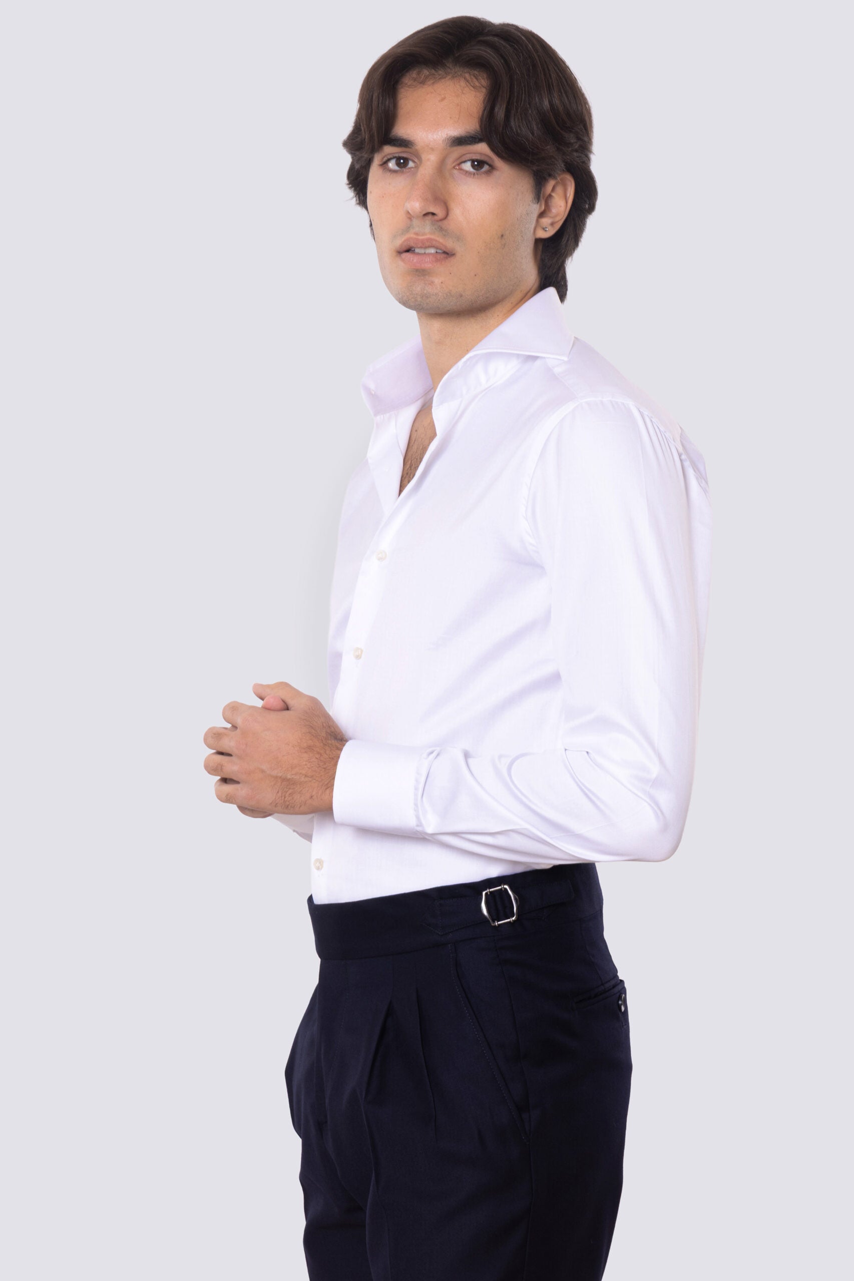 Camicia Uomo bianca 100% cotone collo italiano con cucitura all'inglese mileta Tessuti Fortuny slim Fit Tinta unita
