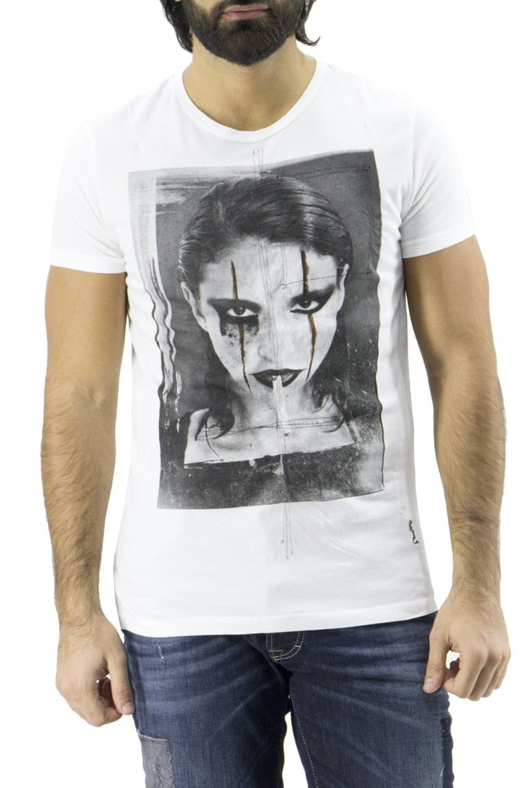 T-shirt uomo bianca in cotone con stampa volto modello girocollo slim fit