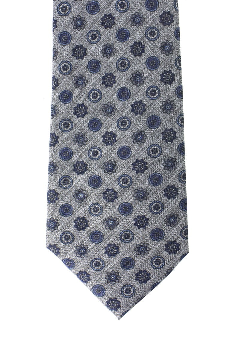 Cravatta uomo grigia effetto lana fantasia fiore blu larghezza 7cm