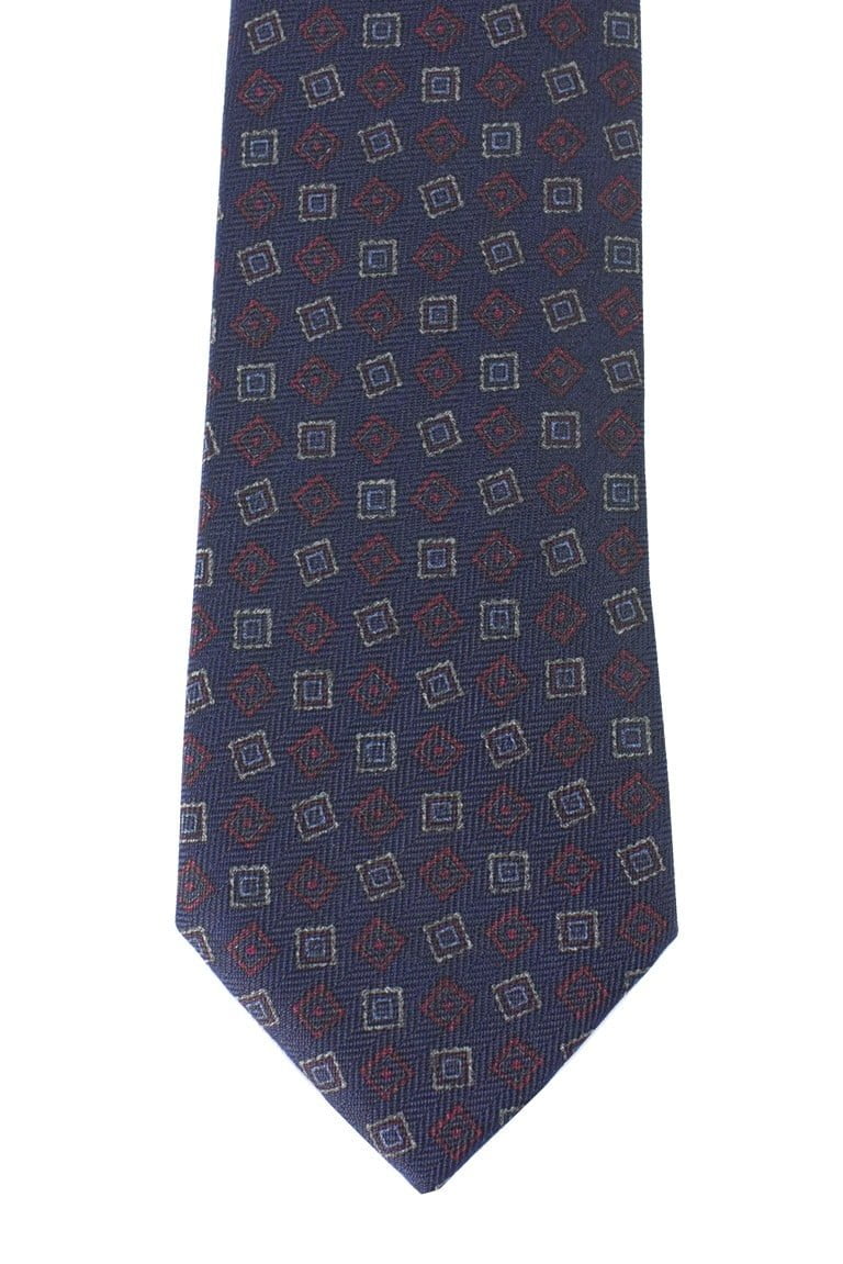 Cravatta uomo 7cm effetto lana fantasia quadrato bordeaux fondo blu