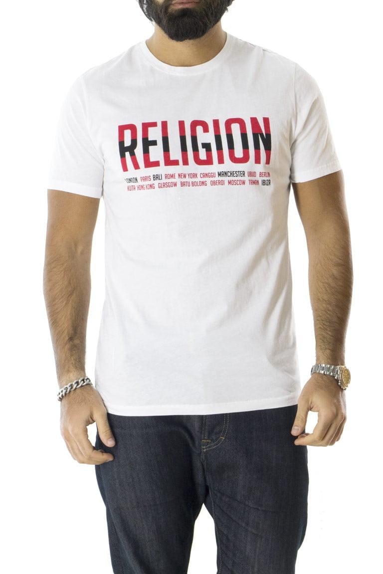 T-shirt stampa religion nero rosso da uomo girocollo casual in cotone slim fit