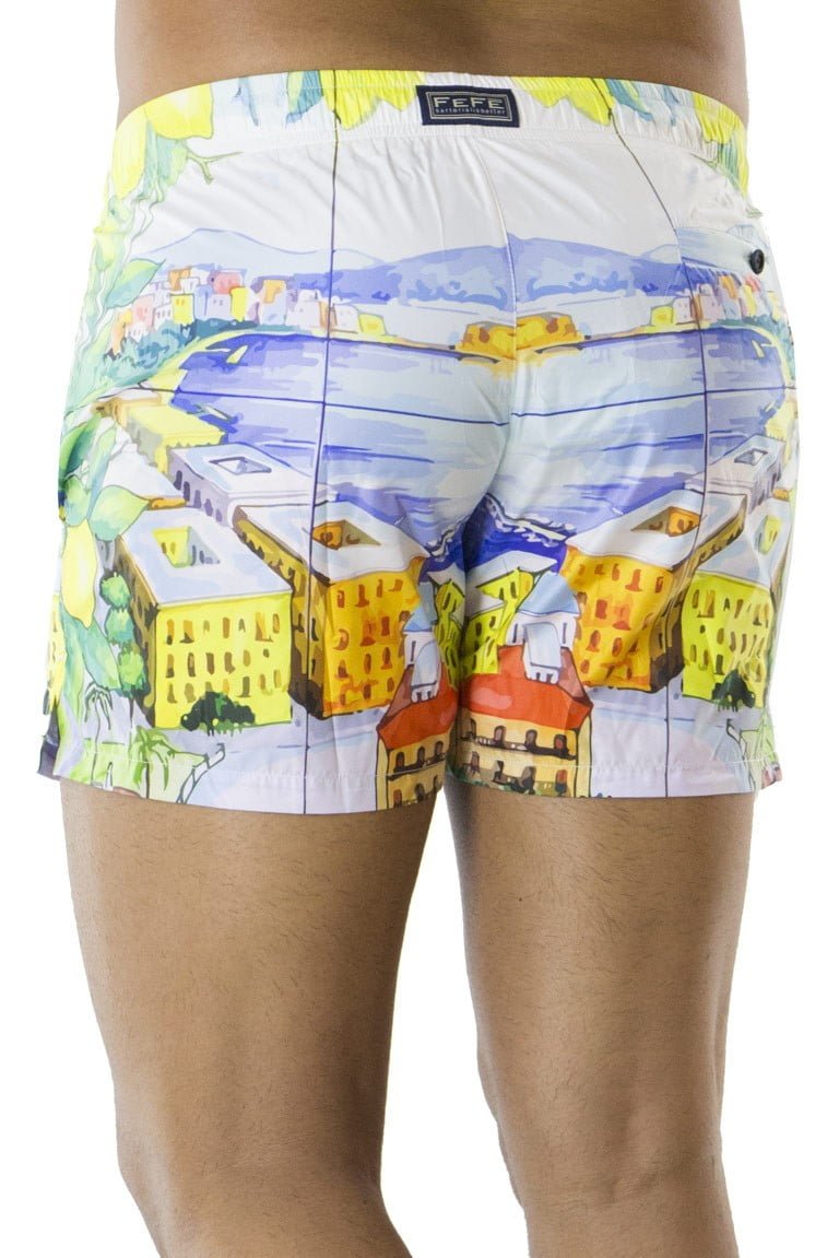 Costume da mare uomo modello shorts fantasia paesaggio napoli in nylon con elastico in vita slim fit made in italy