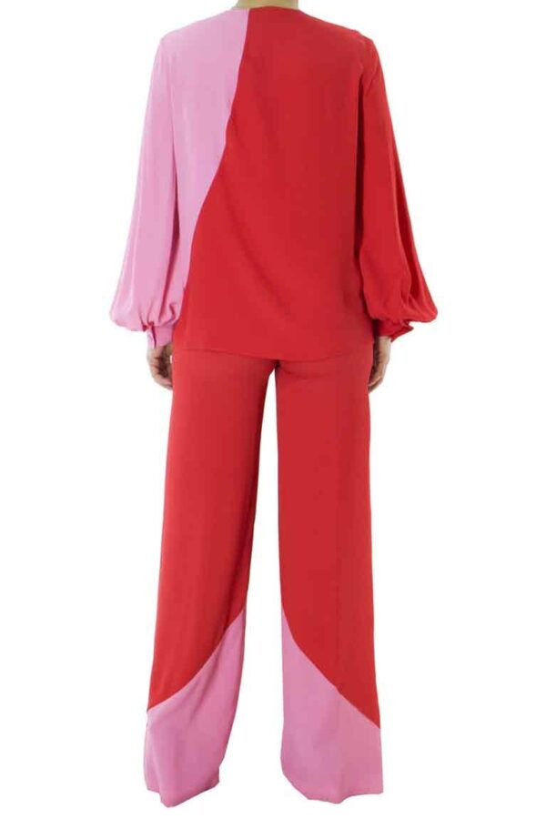 Pantalone a palazzo donna estivo vita alta bicolore rosso rosa in seta tasca america made in italy