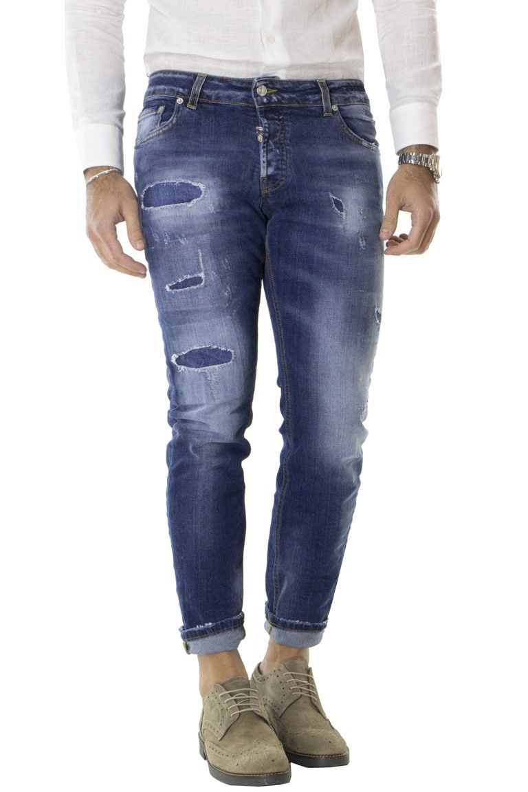 Jeans strappati uomo skinny elastico modello 5 tasche con toppe rotture