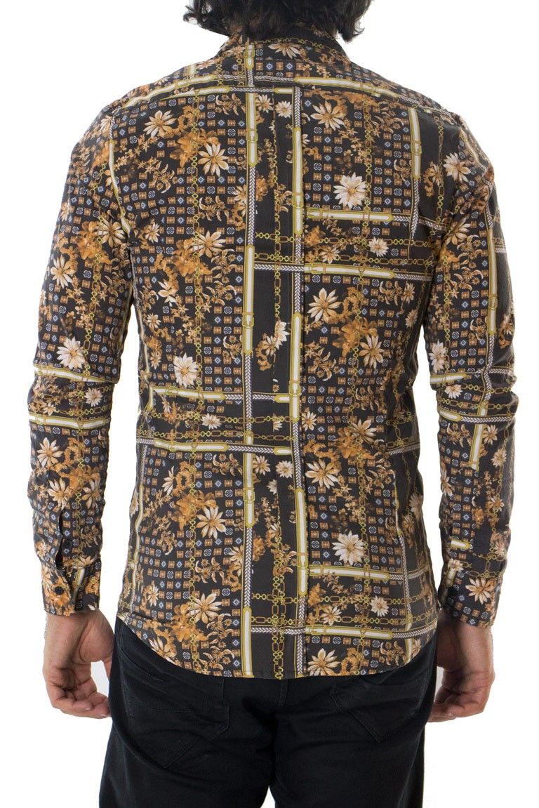 Camicia uomo fantasia fiori multicolor fondo marrone in cotone fisso slim fit comoda casual collo piccolo