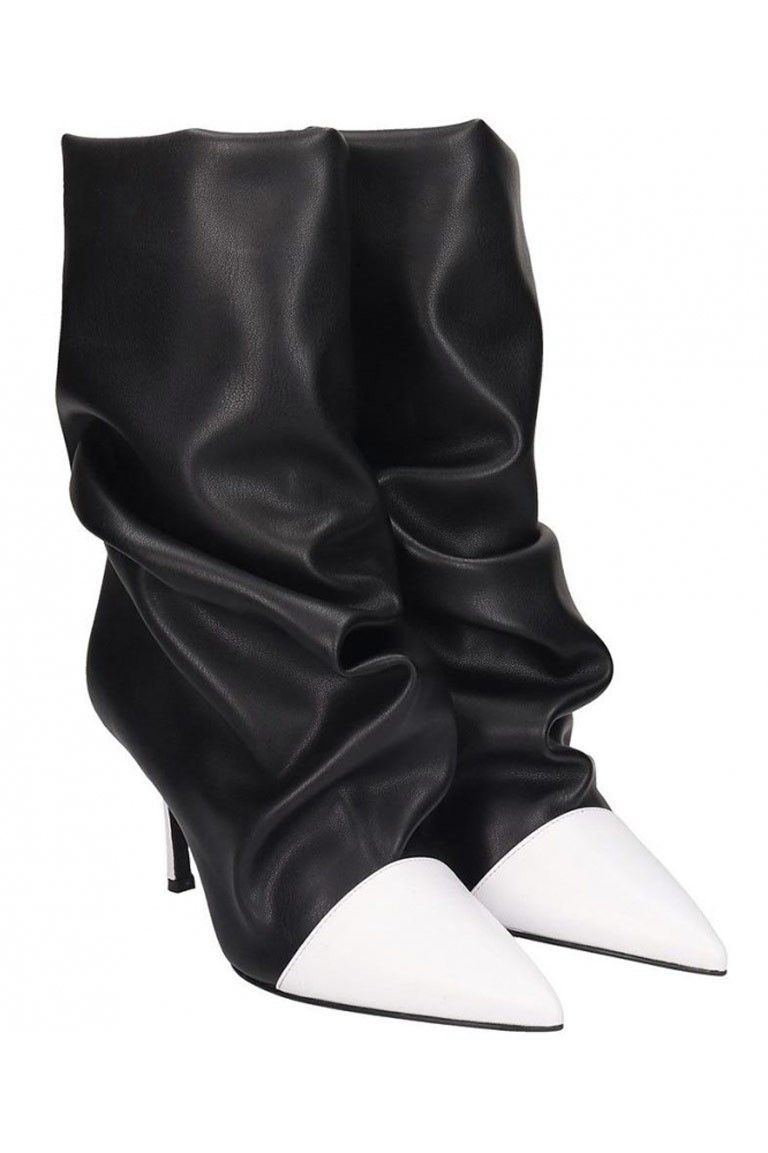 Stivali donna invernali modello samba in nappa arricciata a cilindro bicolore nero bianco tacco a spillo altezza 7 cm