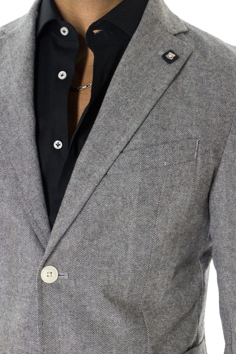 Giacca uomo monopetto elegante invernale slim fit misto lana effetto spigato tasche a toppe bottoni bianchi