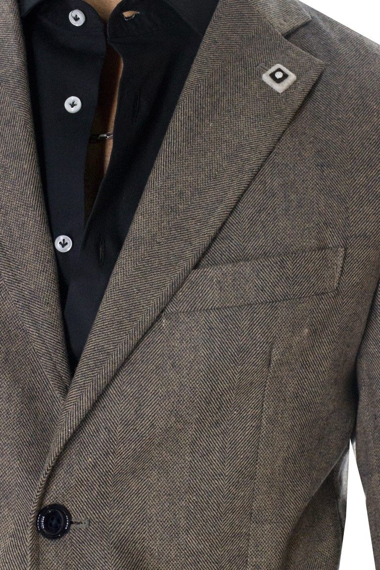 Giacca uomo monopetto elegante invernale slim fit misto lana effetto spigato tasche a toppe bottoni bianchi
