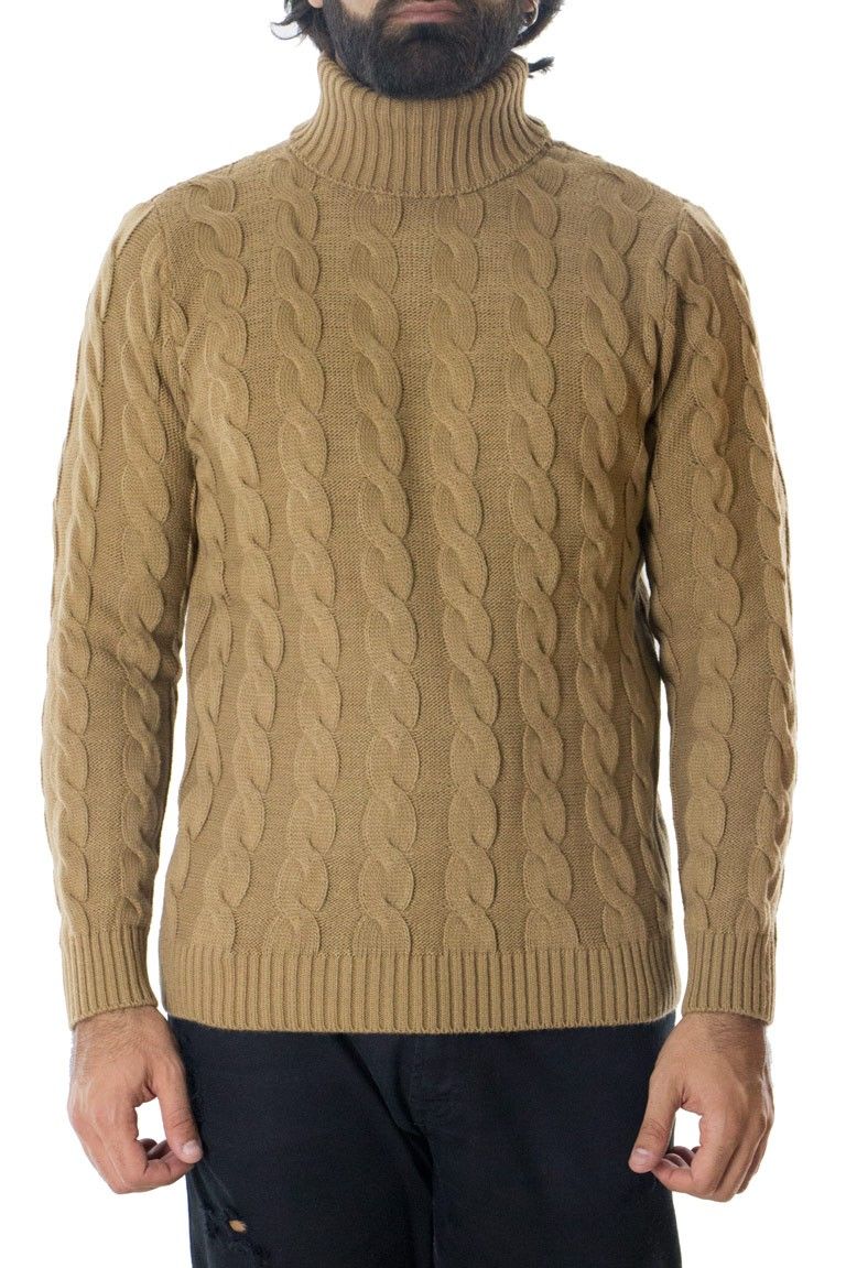 Maglione uomo lana grossa con treccia larga collo alto slim fit elastica
