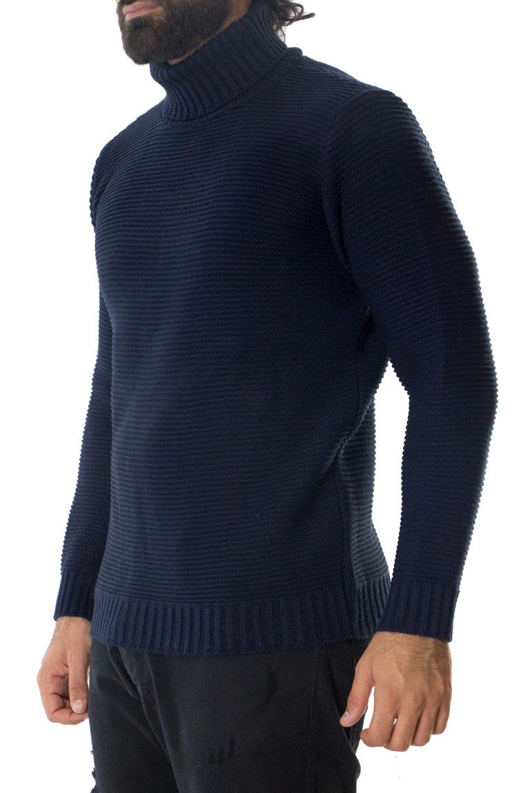 Maglione uomo lana grossa intrecciata stretta collo alto slim fit elastica nero blu panna s m l xl made in italy