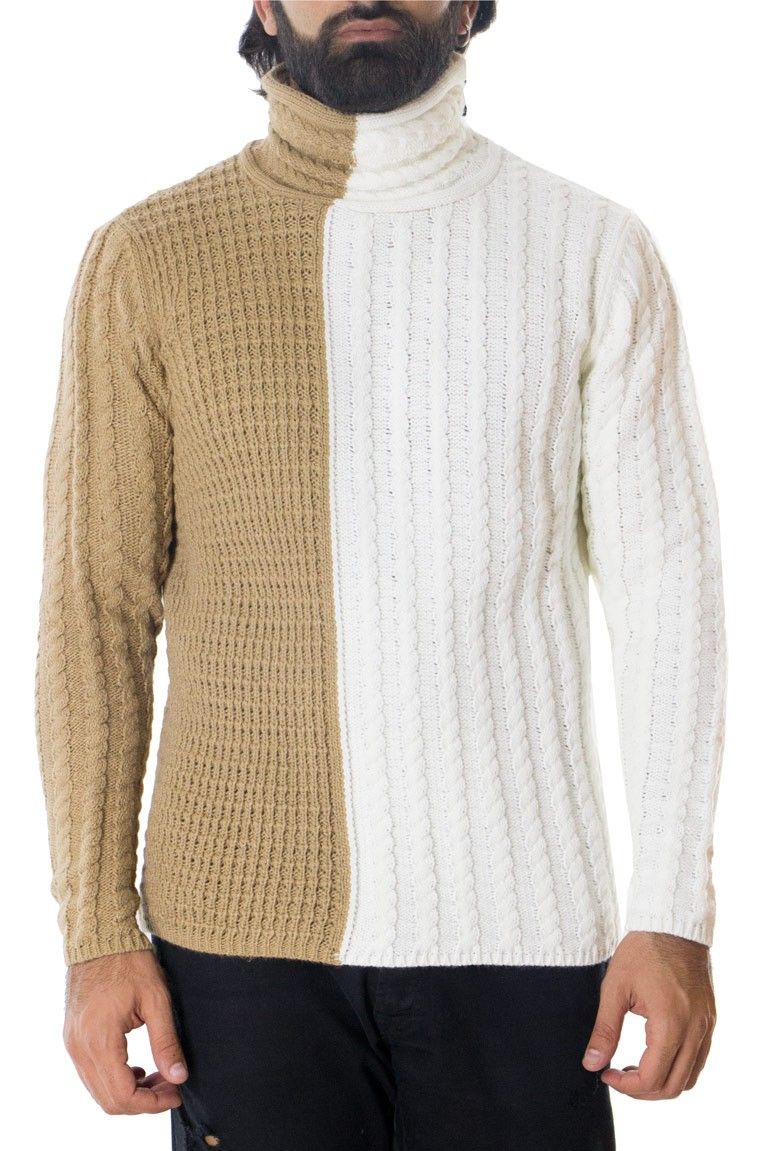 Maglione uomo lana invernale regular intrecciato collo alto sciallato bicolore