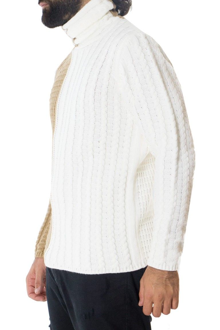 Maglione uomo lana pesante invernale casual regular fit intrecciato manica lunga collo alto sciallato bicolore cammello panna
