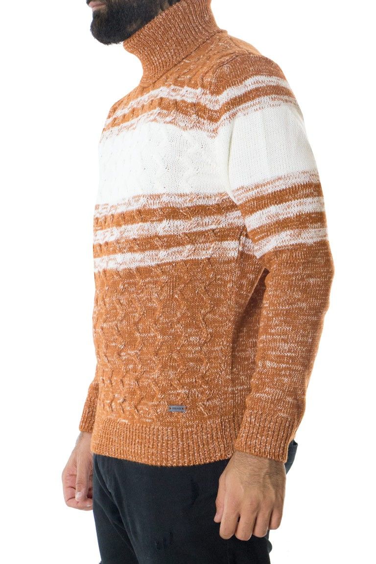 Maglione uomo lana pesante invernale casual regular fit intrecciato collo alto manica lunga motivo spigato coccio panna