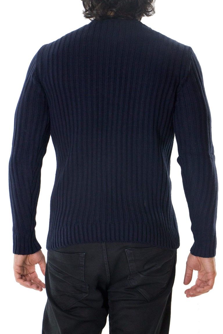 Maglione uomo lana pesante invernale casual regular fit intrecciato manica lunga girocollo fasce verticali panna blu rosso