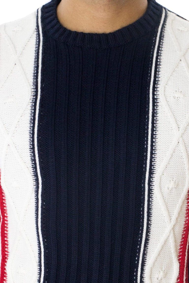 Maglione uomo lana pesante invernale casual regular fit intrecciato manica lunga girocollo fasce verticali panna blu rosso