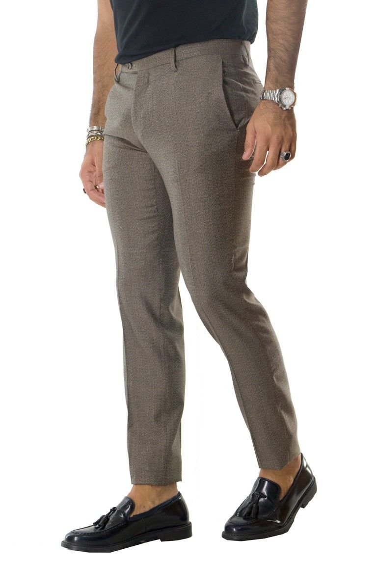 Pantalone uomo tasca america elegante invernale effetto trama interna 100% lana vergine marzotto fango slim fit