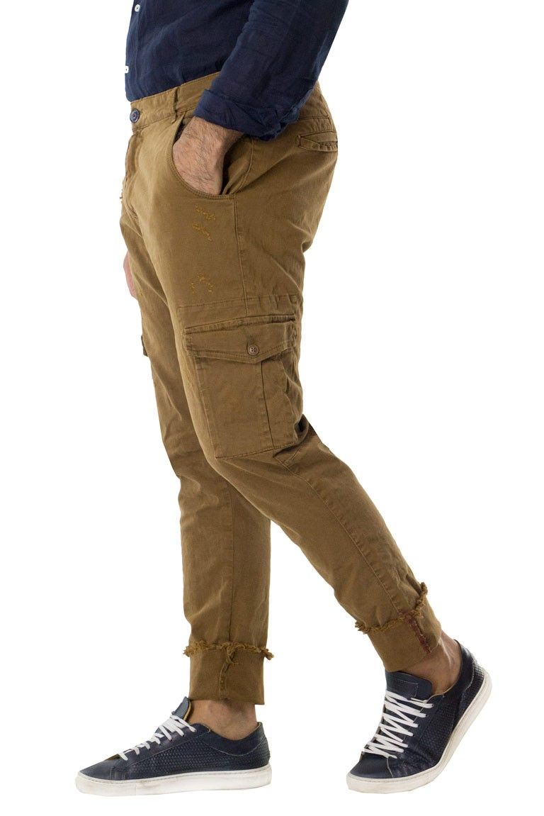 Pantalone uomo con tasconi invernale con risvolto alto sfrangiato verde cammello elasticizzato regular fit tasca america