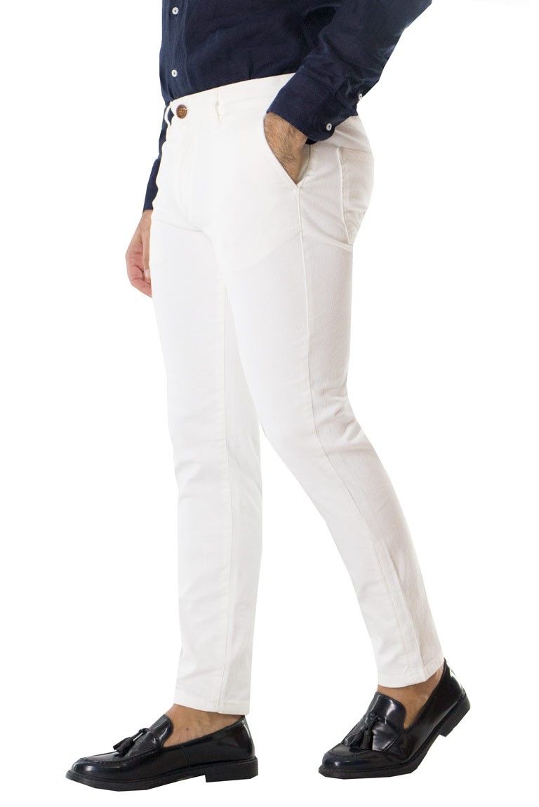Jeans uomo bianco invernale slim fit tasche a filo tessuto elasticizzato a microrighe diagonali tono su tono