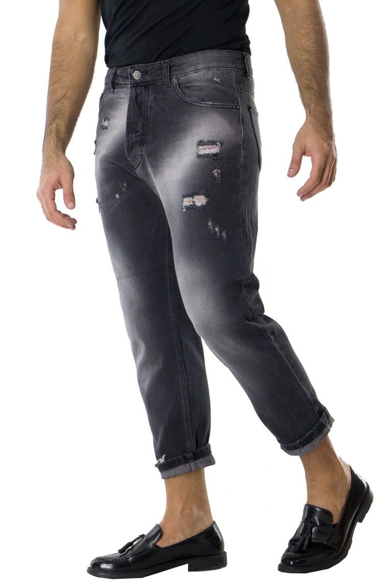 Jeans strappati uomo invernali vestibilità regular fit 5 tasche non elastico casual lavaggio grigio scuro scambiato
