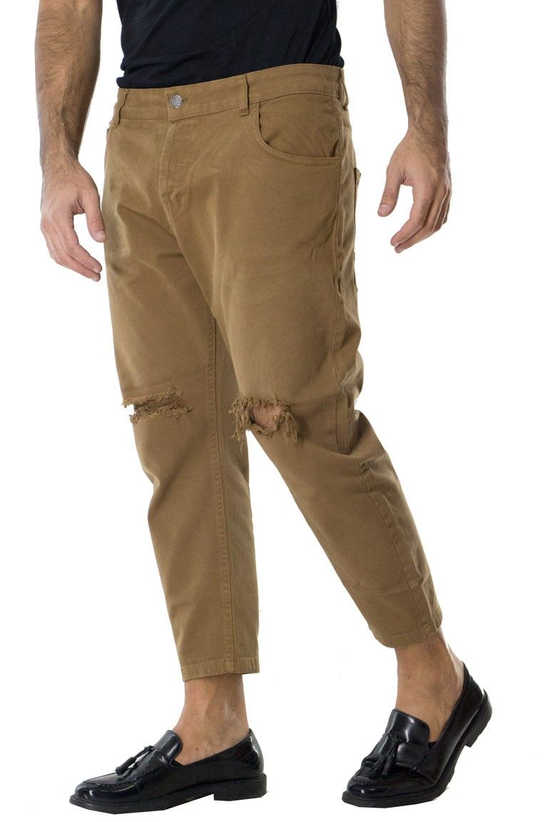 Pantalone uomo slim 5 tasche coccio elastico invernale casual made in italy cotone strappato con bottoni cavallo basso
