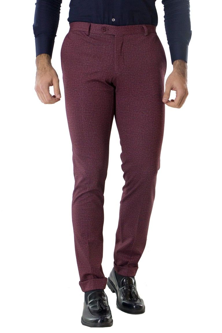 Pantalone uomo bordeaux effetto lana con risvolto 3,5 cm