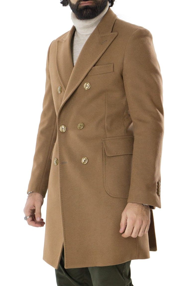 Cappotto uomo lana mista doppiopetto coccio slim fit invernale elegante casual lungo tasche a toppe