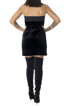 Abito donna invernale corto in velluto fasciato con appicazione decolletè fiocco raso nero cerniera invisibile sul retro