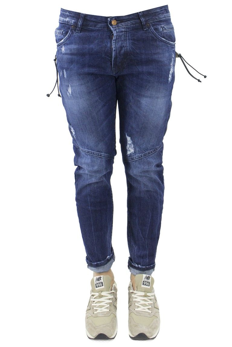 Jeans da uomo slim fit in cotone elastico lavaggio medio con zip laterali